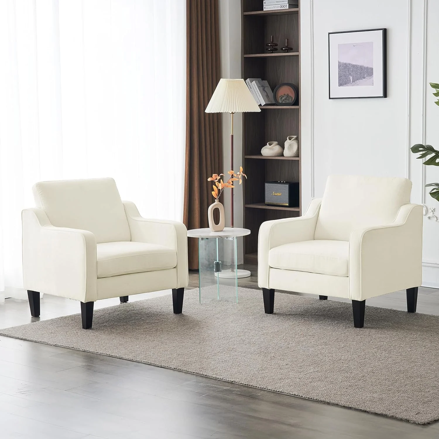 VINGLI Mid Century Modern Chenille Comfy Armchair, Creamy White