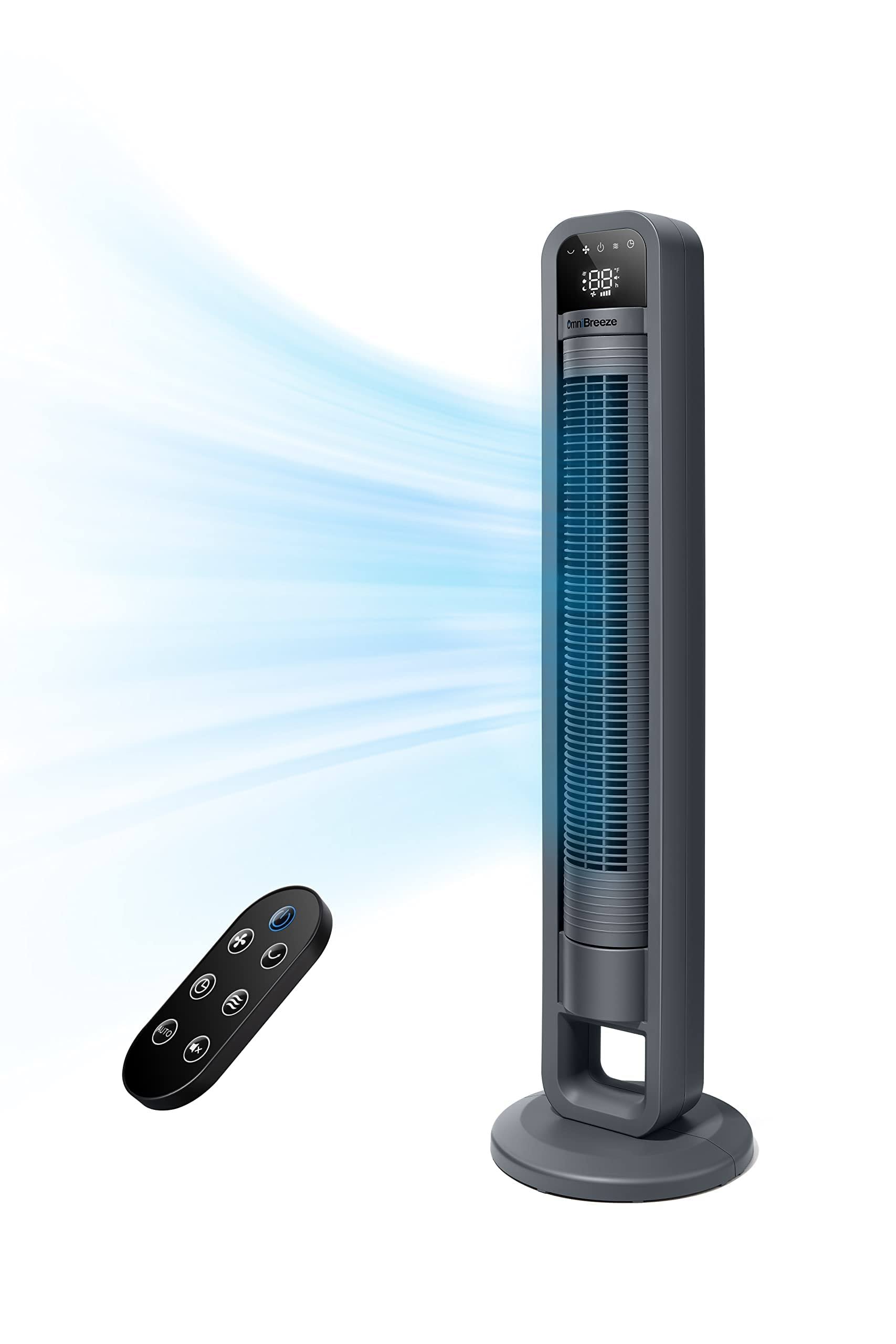 Omnibreeze Digital Electric Tower Fan, Inner Oscillation with Remote Control, LED Display, Standing Bladeless Floor Fans Cooling and Quite Indoor