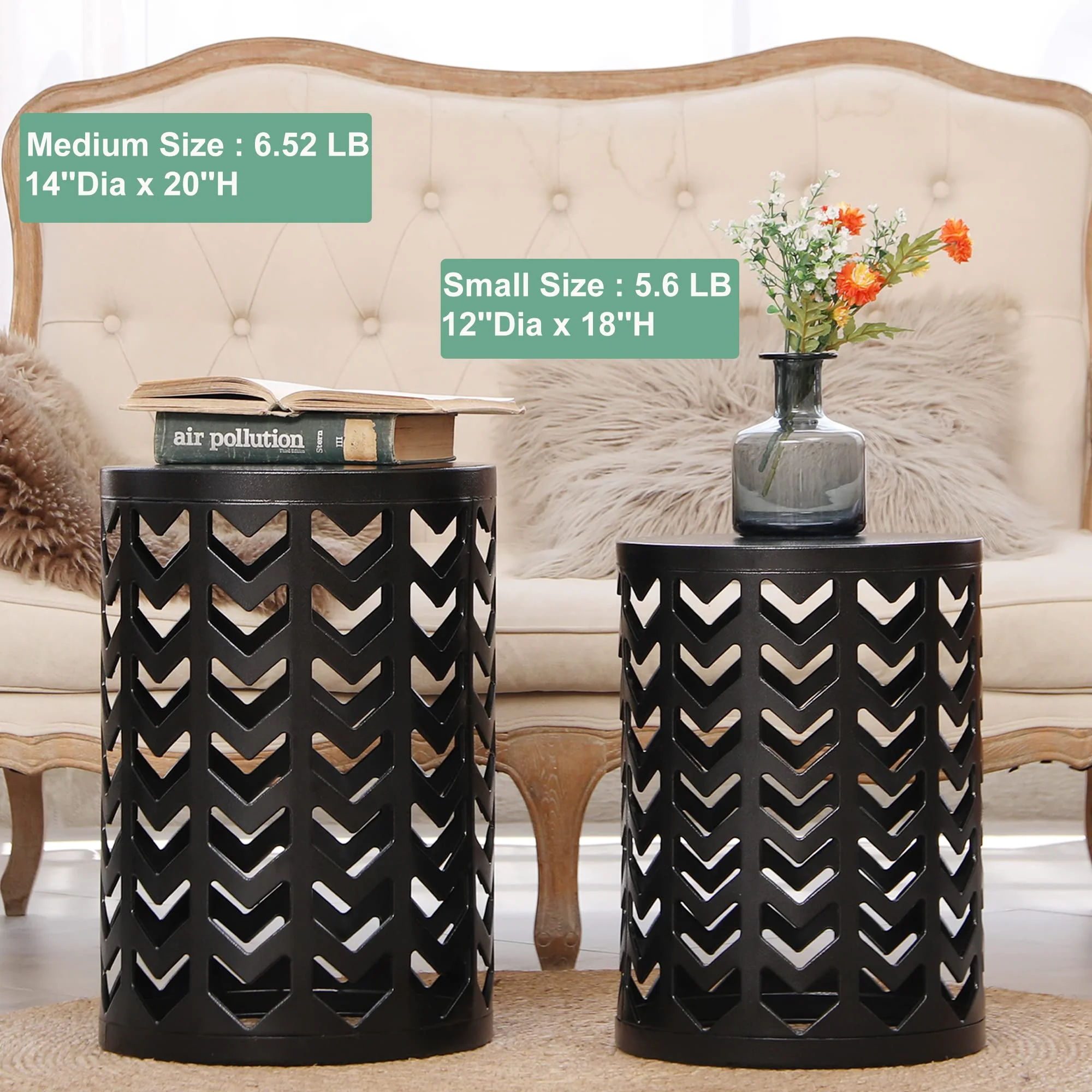 Y&M Set of 3 Nesting Metal Round Coffee Table, Side Table End Table for Indoor Outdoor Multifunctional Use, Heavy Duty Metal Plant Stand Garden Stool - Black