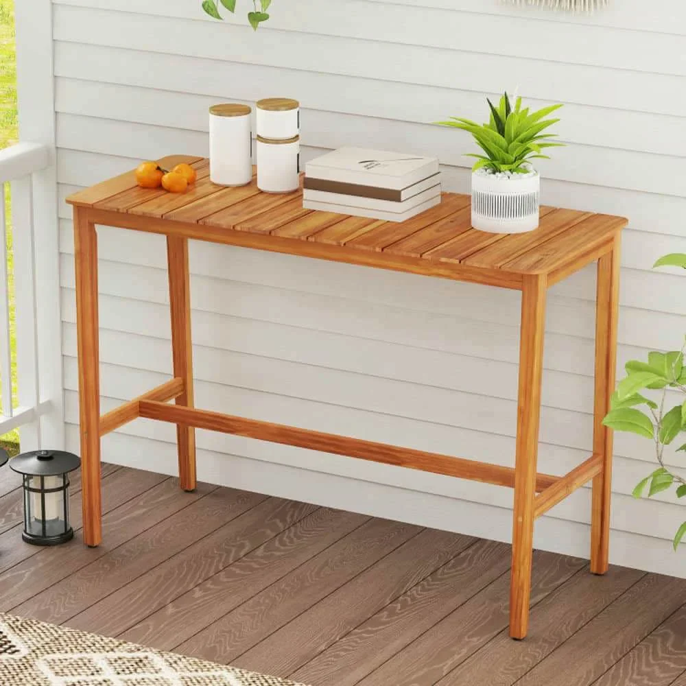 Demifill Acacia Wood Counter Height Table, Patio Bar Furniture with Slatted Tabletop and Footrest Crossbar for Outdoor as Garden, Backyard, Porch, Brown