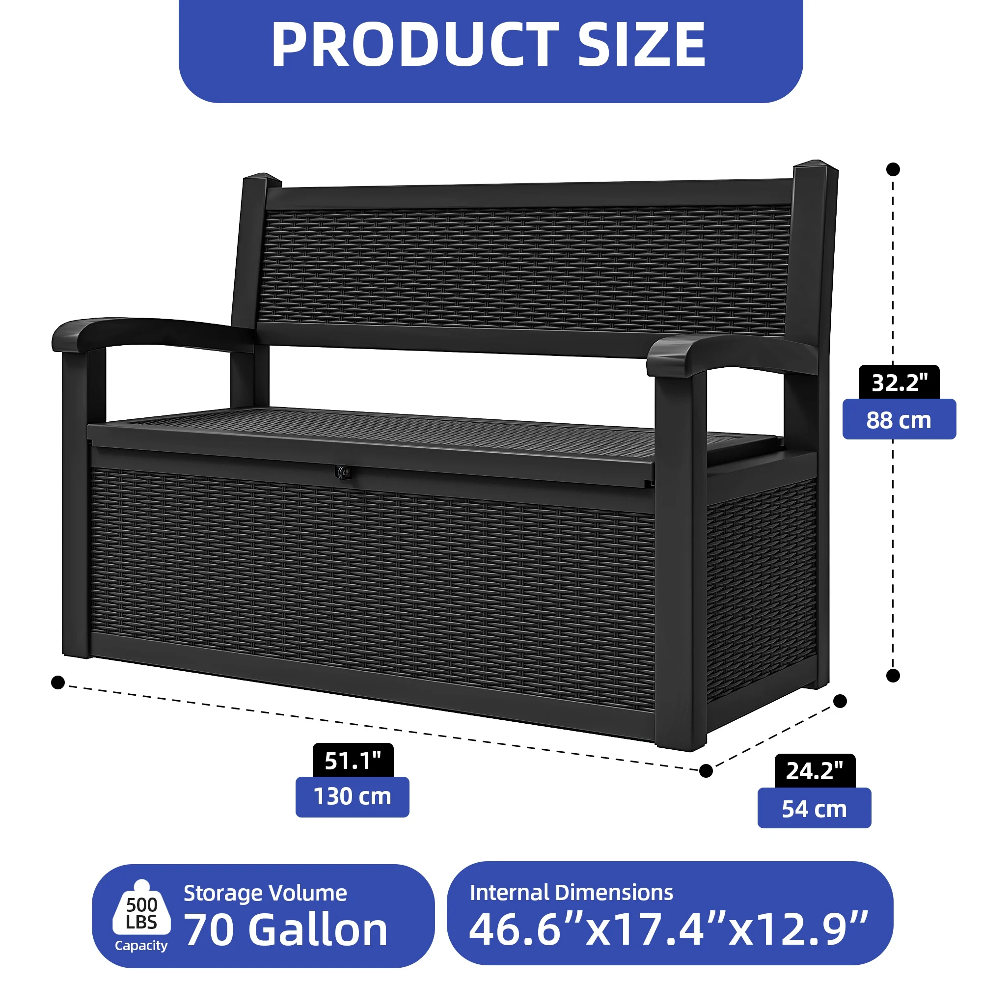 70-Gallon Outdoor Resin Storage Cabinet with Rattan Backrest �C Waterproof Patio Bench Seat, 500 lbs Capacity, Black - Image 10