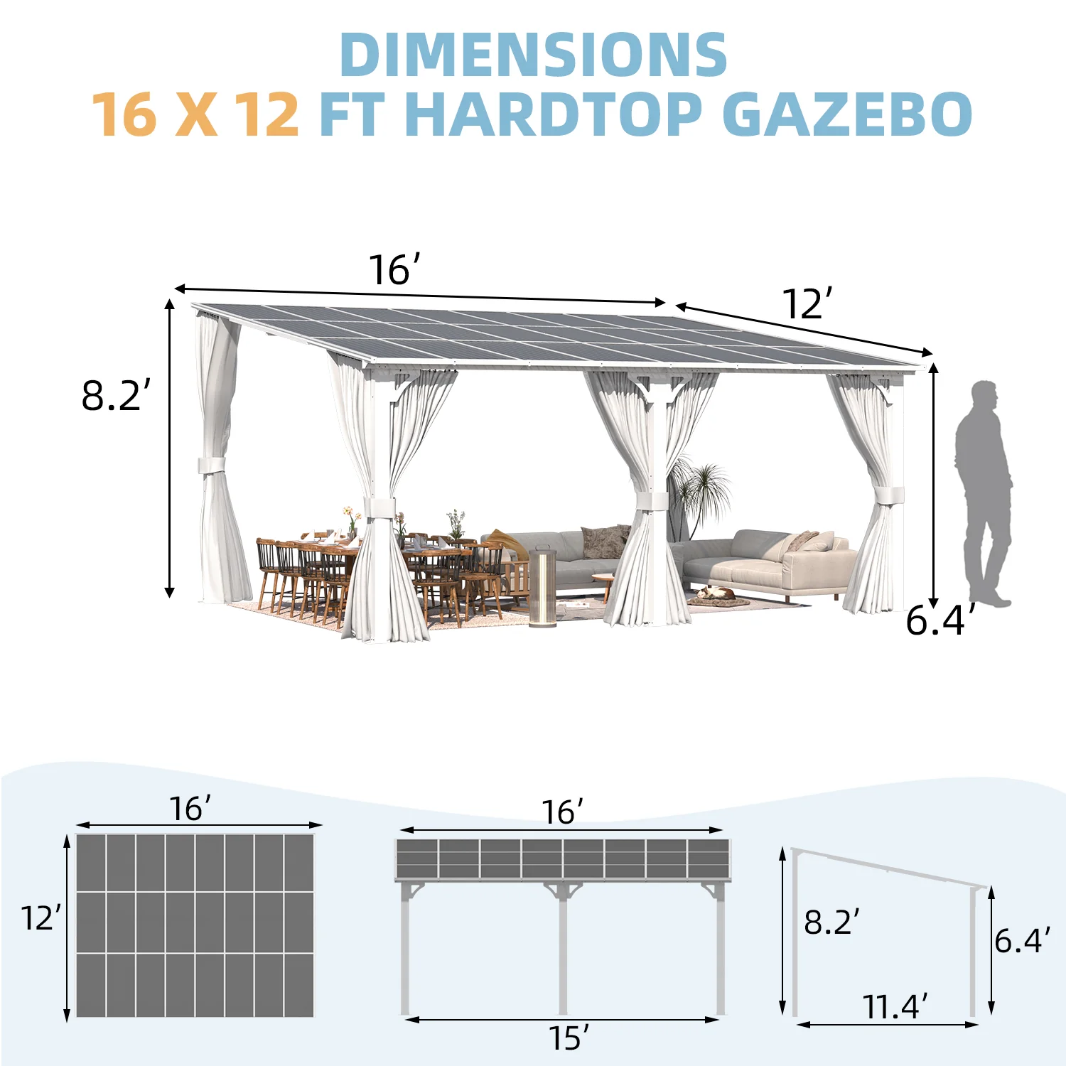 AECOJOY 16'x12' Wall Gazebo with Curtains and Mosquito Netting, White