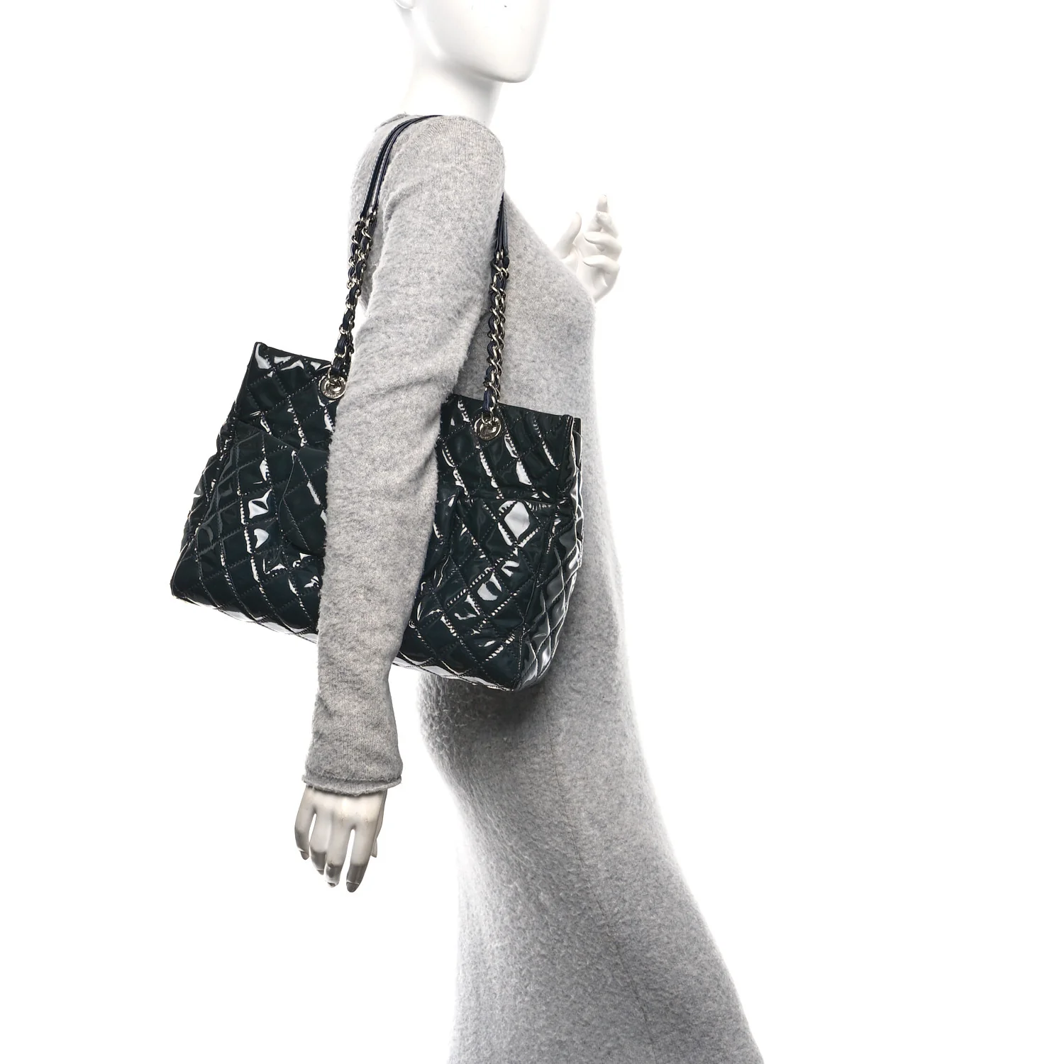 Patent Quilted Large Coco Shine Shopping Tote Navy
