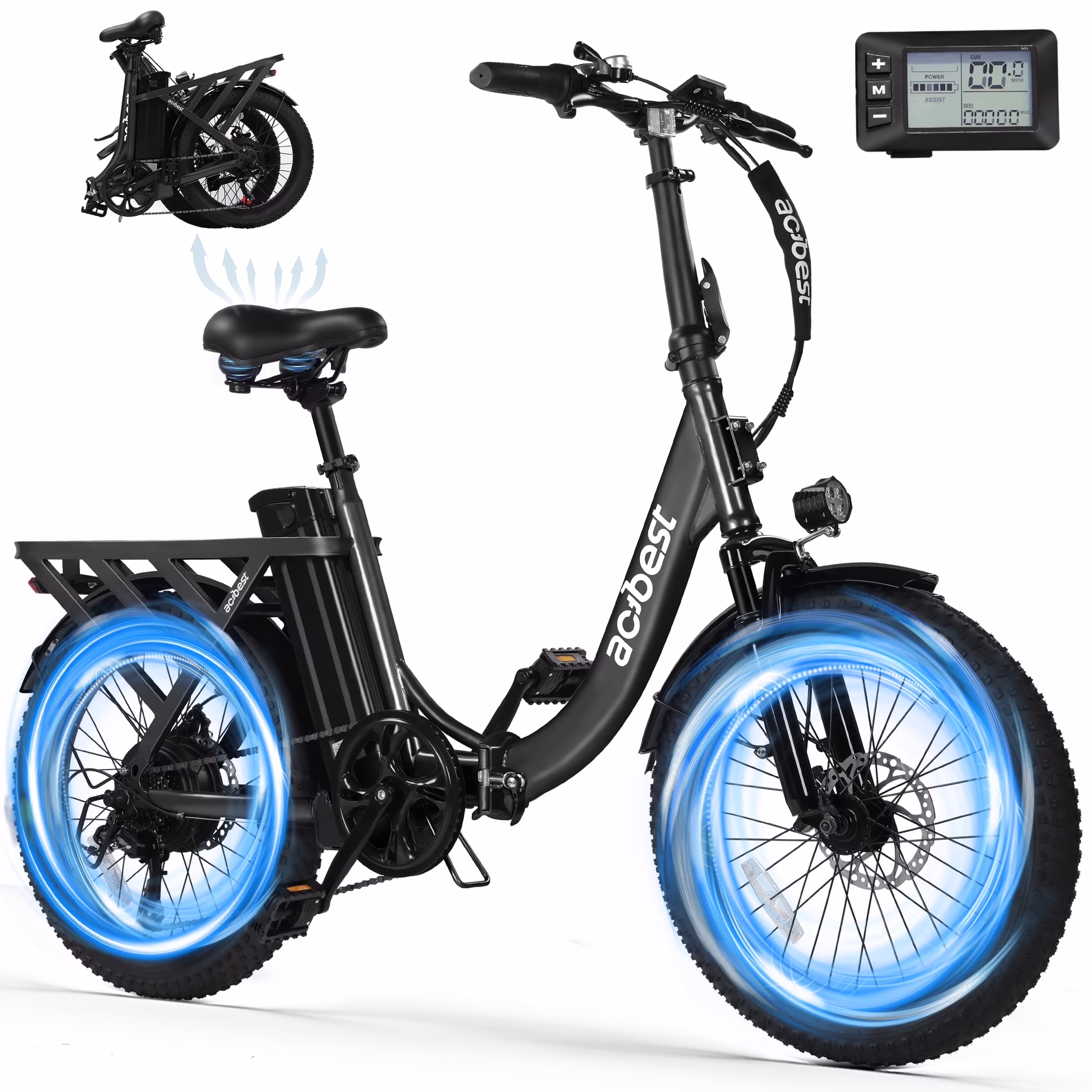 Electric Bike for Adults, Mars 20'' Fat Tire Folding Ebike with Peak 1200W Motor, 7 Speed 28MPH, 48V 499Wh Removable Battery, Adjustable Bike Stem, Foldable Electric Bicycle UL2849 (Black)(Black/Standard)