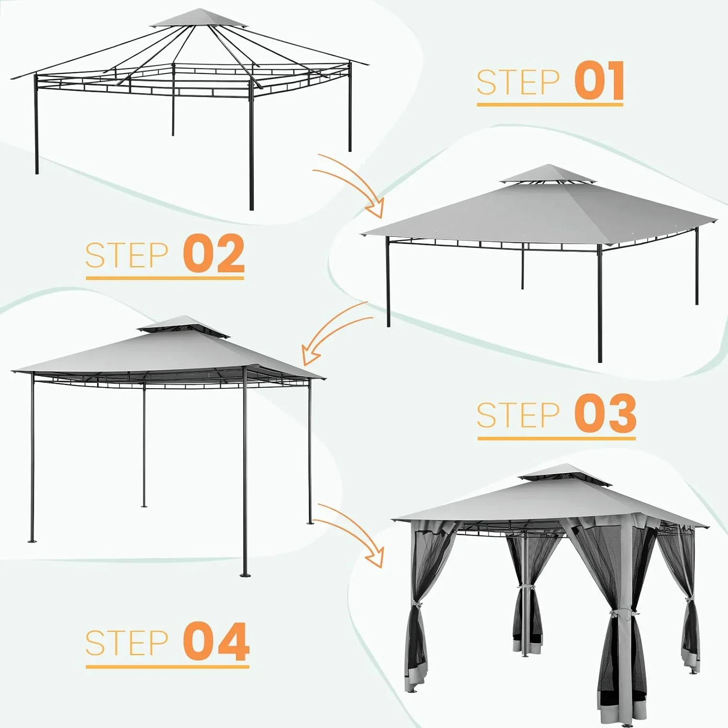 SANOPY 10'x10' Canopy Gazebo, Assembled Style Wrought Iron Gazebo Tent Can Accommodate 6-10 People with 4 Detachable Mosquito Net Side Walls for Garden, Yard, Beach