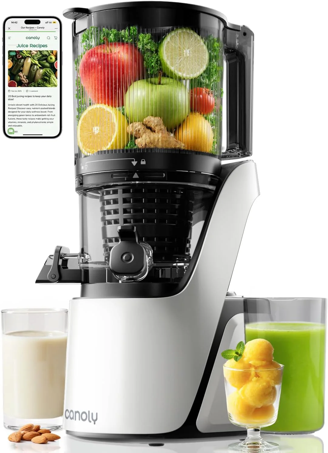 Extracteur de jus à pression à froid Canoly C16, goulotte d'alimentation extra large de 15 cm, 3 filtres en 1, moteur sans balais à courant alternatif