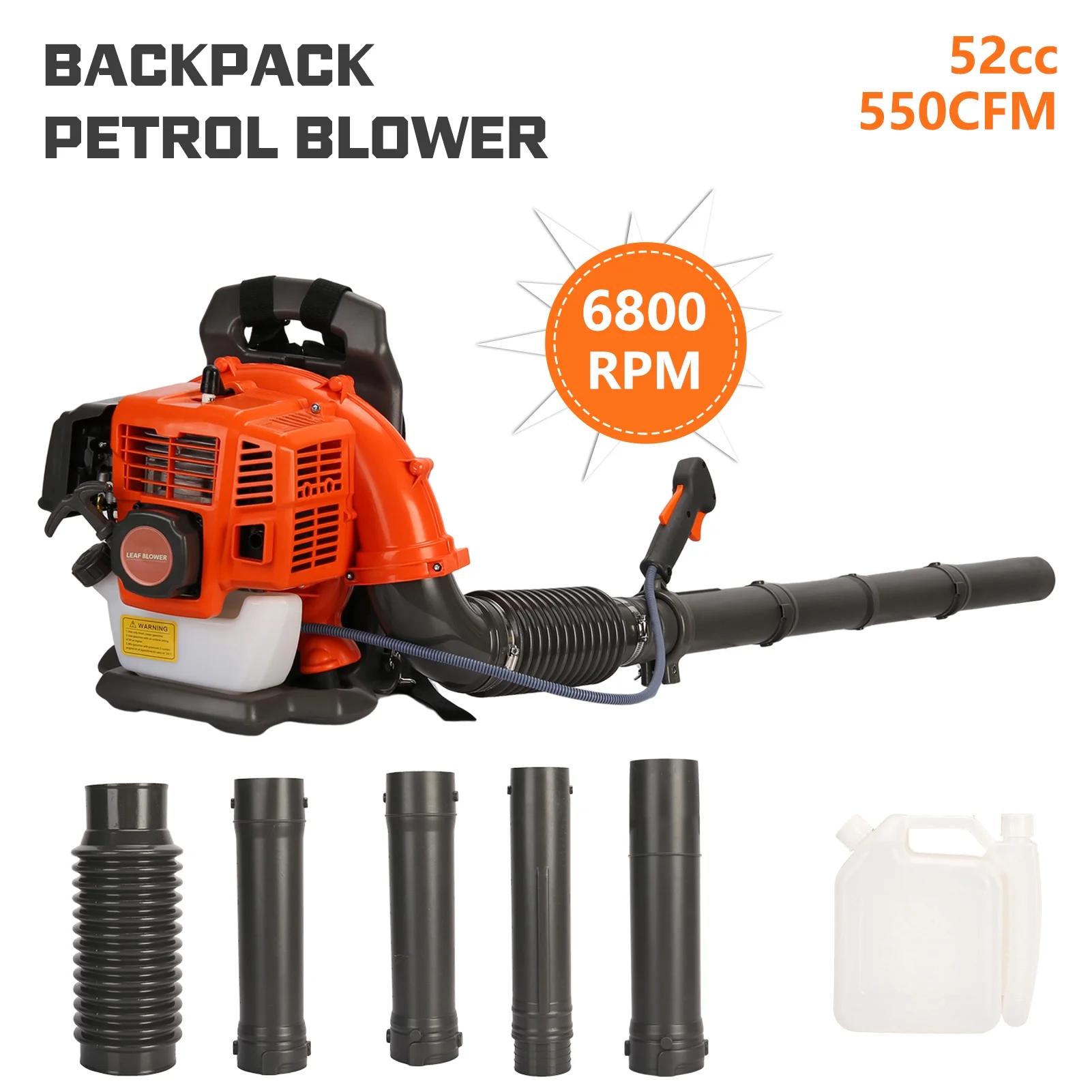 Backpack Snow Blower 52cc 6800r/min 550 CFM Blower with 1 2L Tank, Single cylinder Air cooled Two stroke Strong Wind Force ABS Leaf Blower Gas Powered Dust Blower(Orange Single cylinder) Image 4