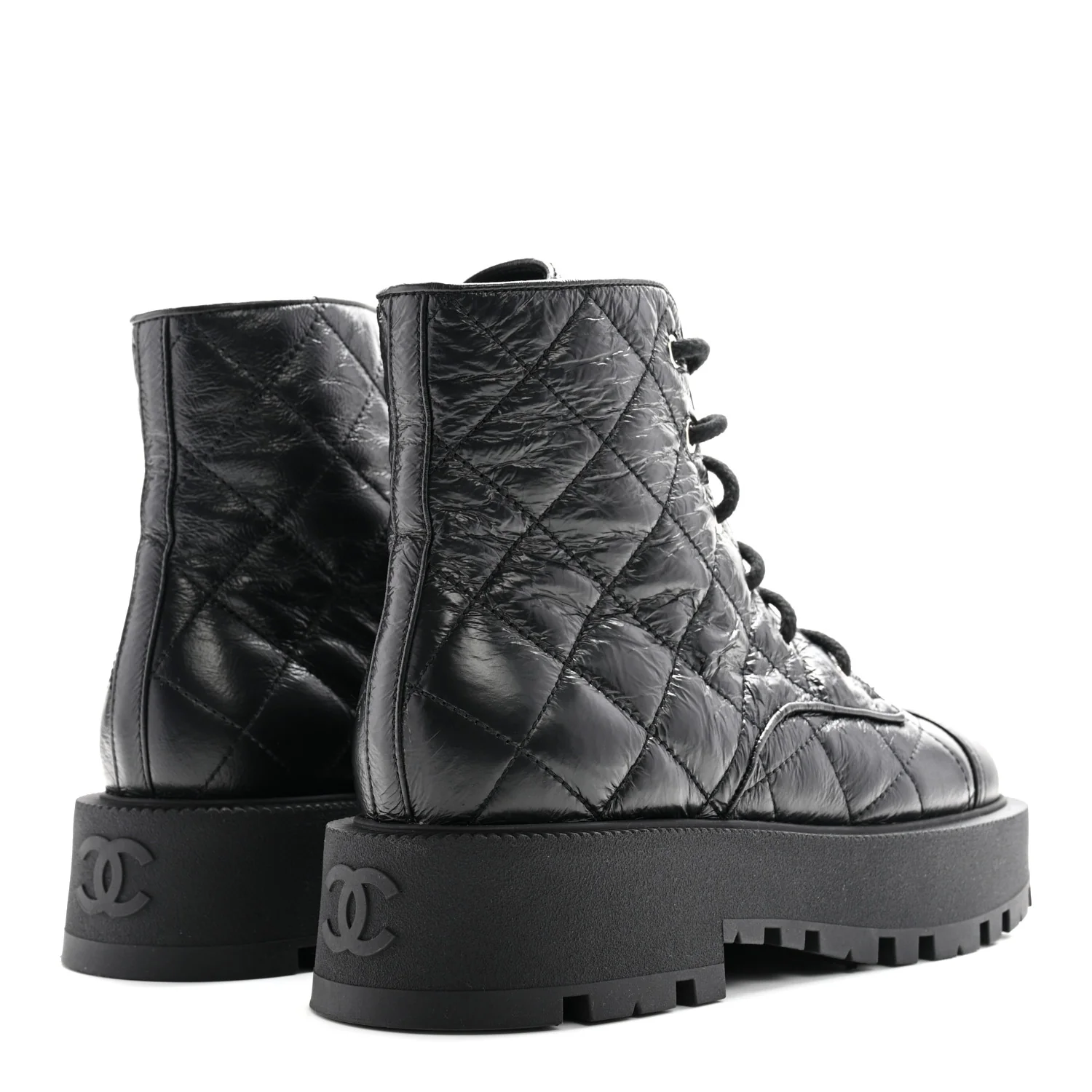 Crumpled Lambskin Quilted Platform Lace Up Combat Boots 39 Black