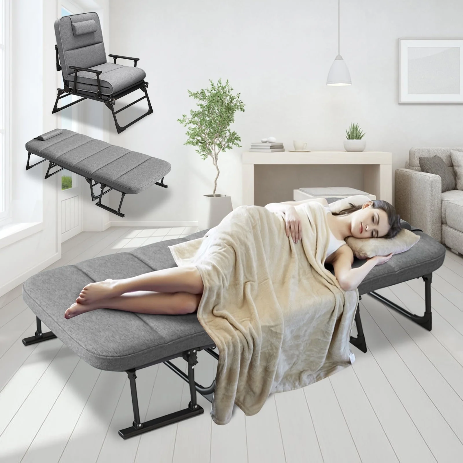 FICISOG Portable Beds Frame with Mattress, Foldaway Rest Cots for Adults Kids, Gray