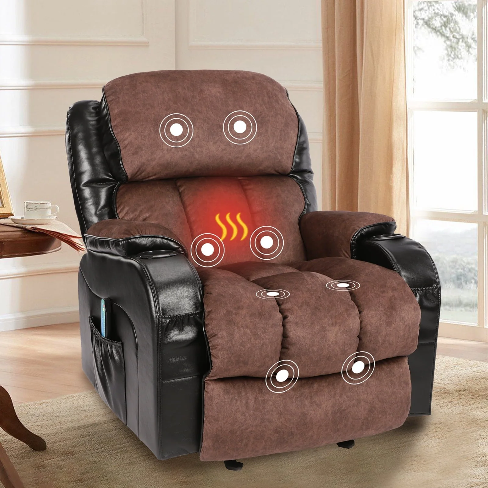 Leather Massage Recliner Chair, Modern Electric Power Rocker with Heated Massage, Ergonomic Lounge Chair, Single Sofa Seat with Drink Holders for Living Room, Black and Brown(Black) Image 3