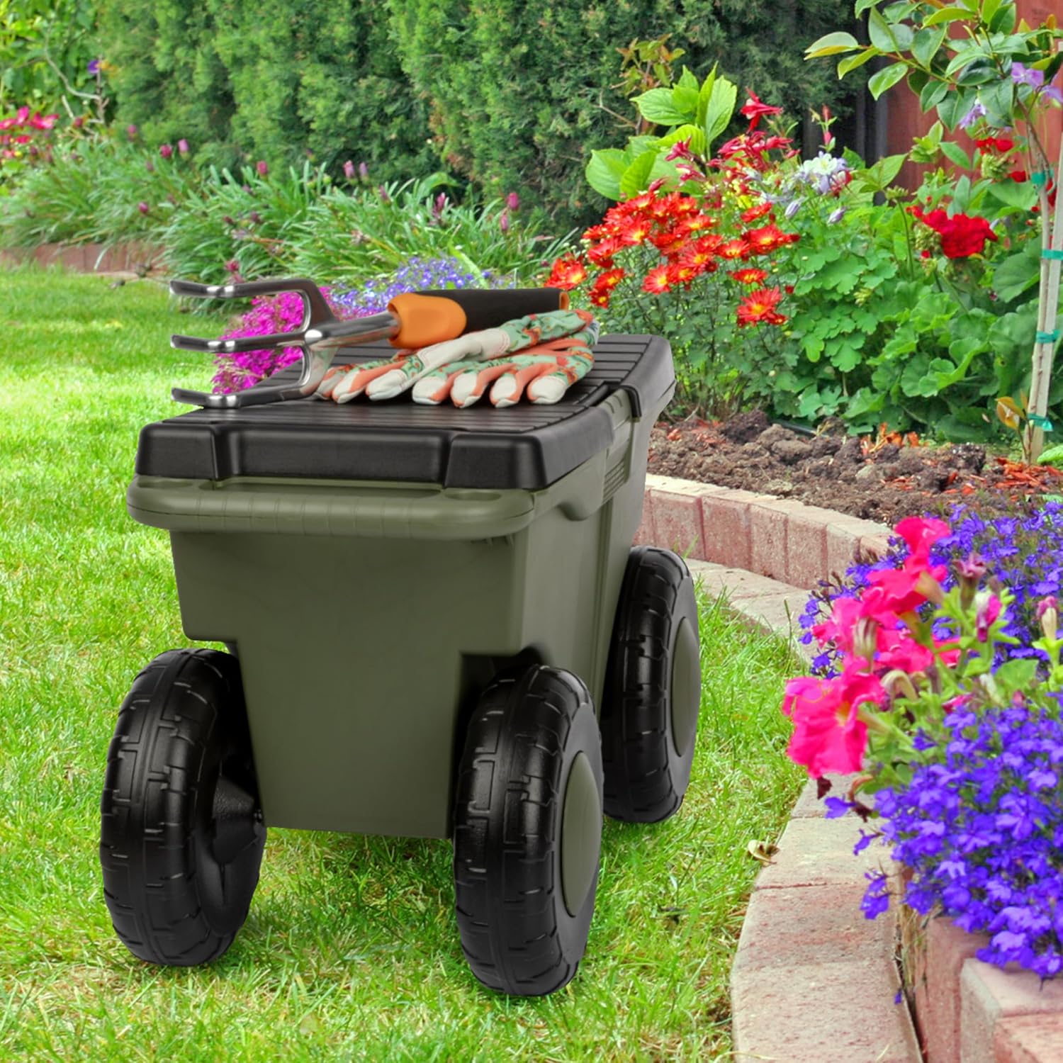 Pure Garden Rolling Garden Cart with Seat, Green