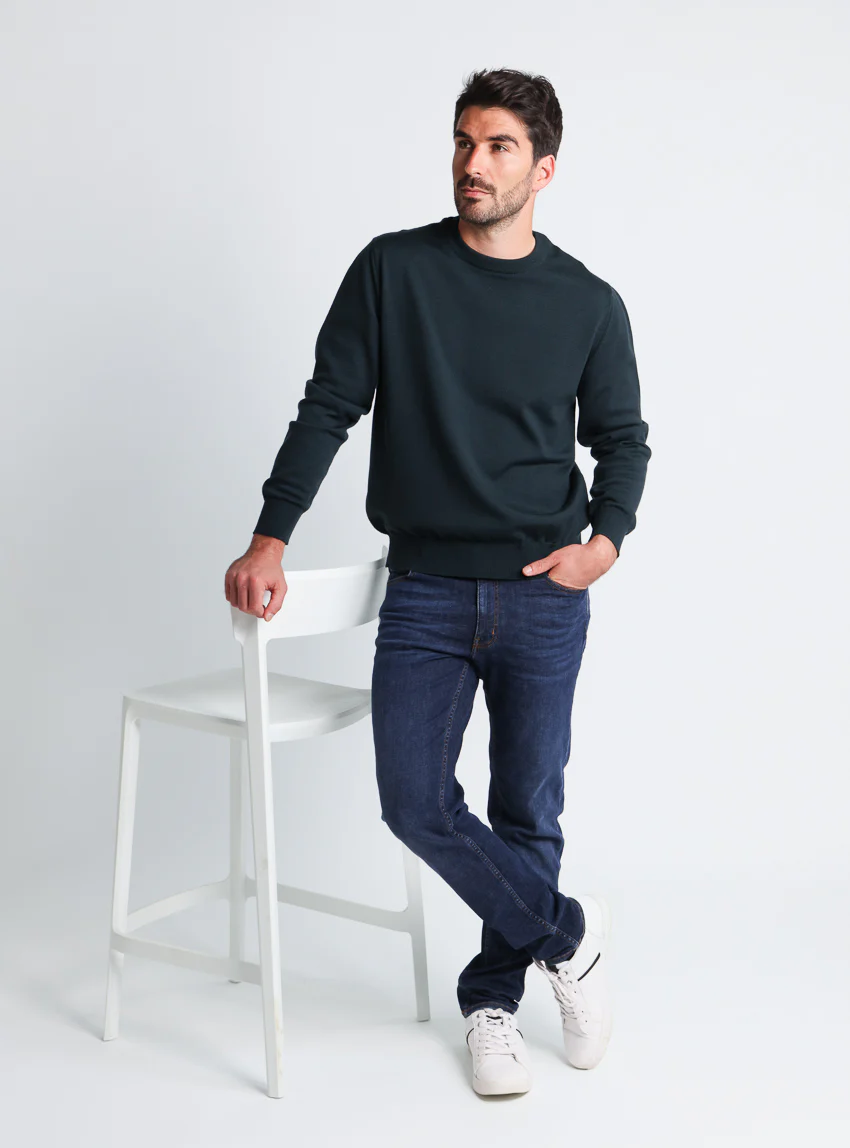 Pull homme col rond laine merinos Vert Sombre