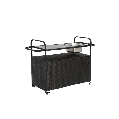 Outdoor Rolling Wicker Bar Cart, Large Portable Outdoor Wicker Bar Table with Cabinet Storage and Glass Countertop, Patio Wicker Serving Bar Cart for Pool, Party, Backyard, Black(Black) - Image 9