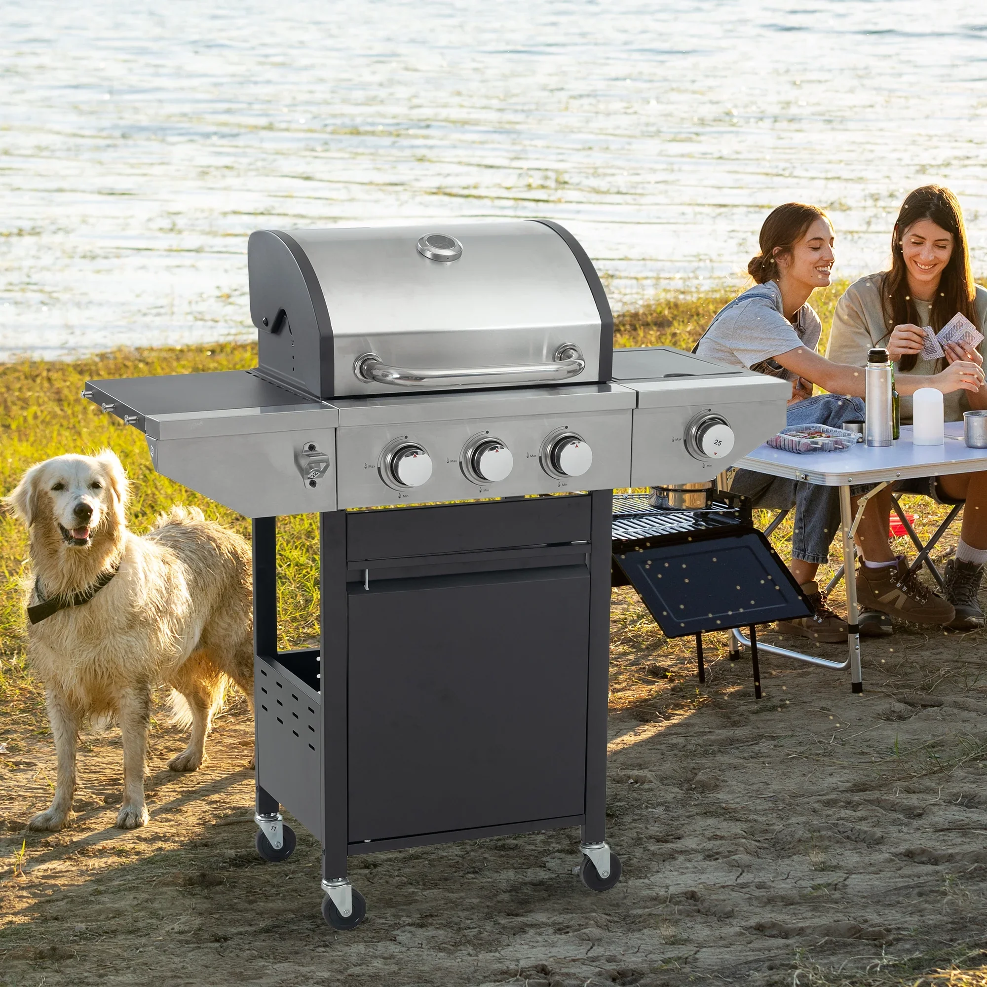 Furnibear 4 Burner BBQ Propane Gas Grill, Stainless Steel 34,000 BTU Patio Garden Barbecue Grill with Two Foldable Shelves