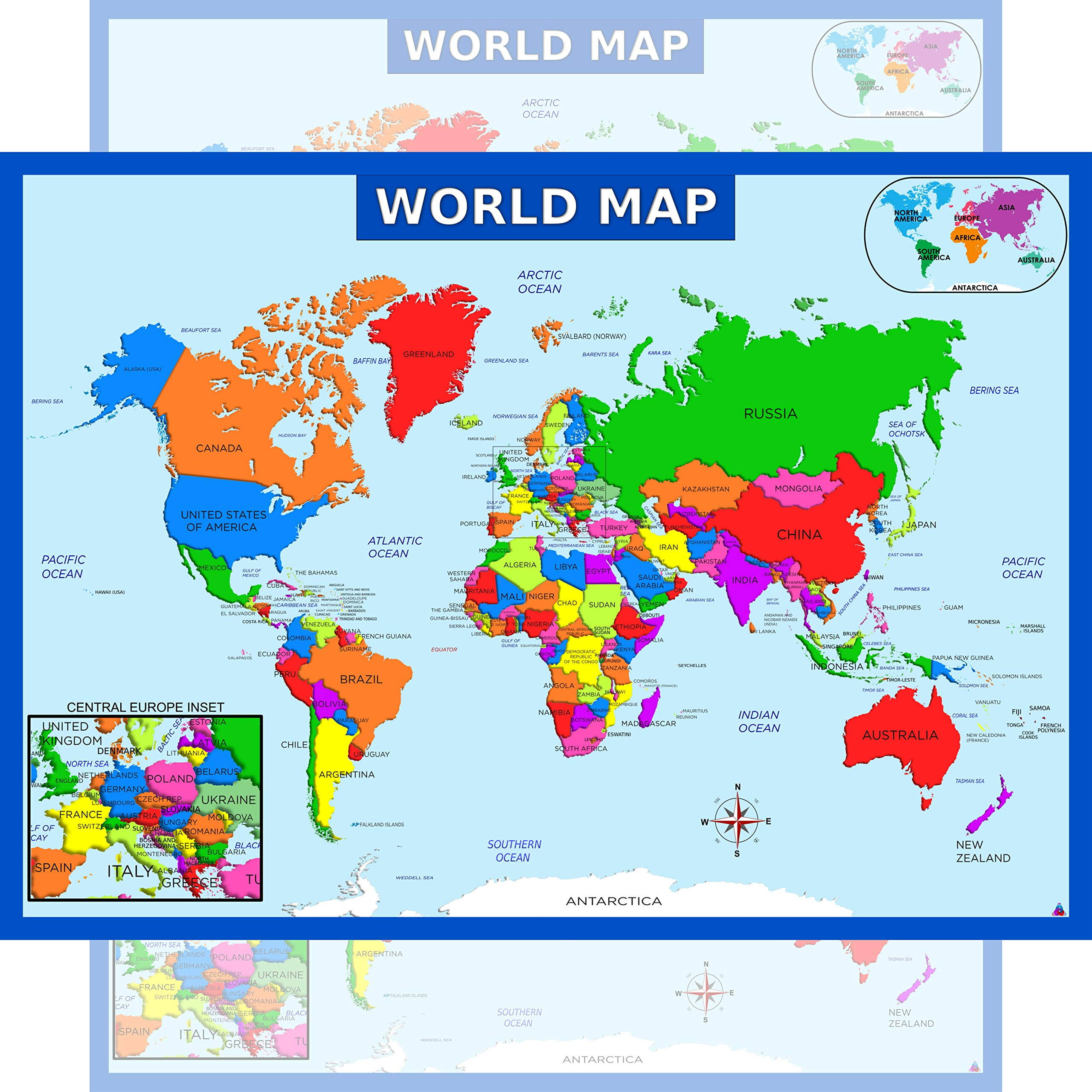 World Map Poster with Central Europe Inset - Laminated Educational Poster (14x19.5 in)
