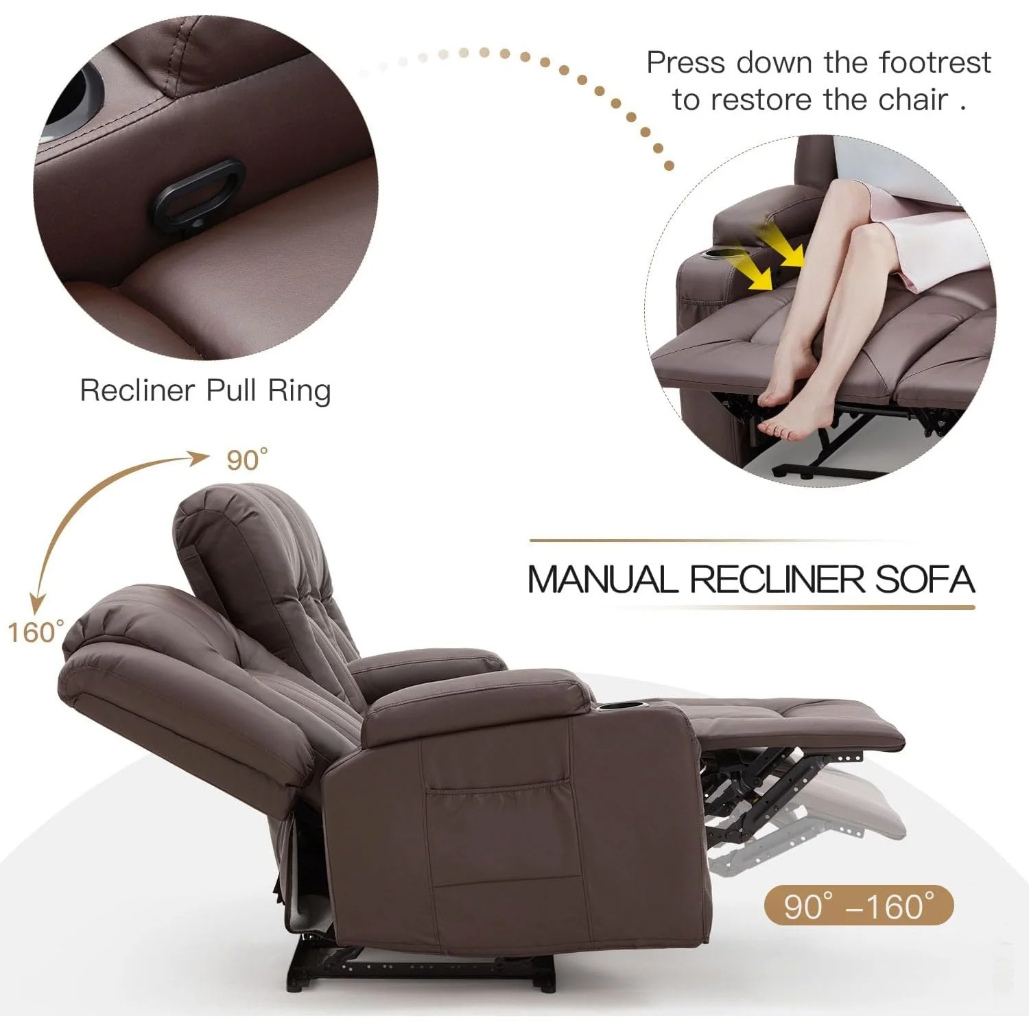AECOJOY 3 Seater Reclining Sofa with 2 Cup Holders&Side Pockets, Brown