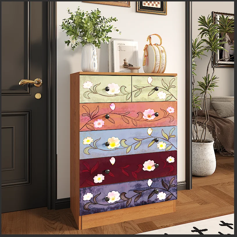 Wood 6 Drawer Dresser Organizer for Bedroom Storage Tower for Entryway Hallway Closet, Tall Chest Organizer Unit with Wood Bins, Floral Painted Wooden(Brown 5 Layer 6 Drawers) Image 8