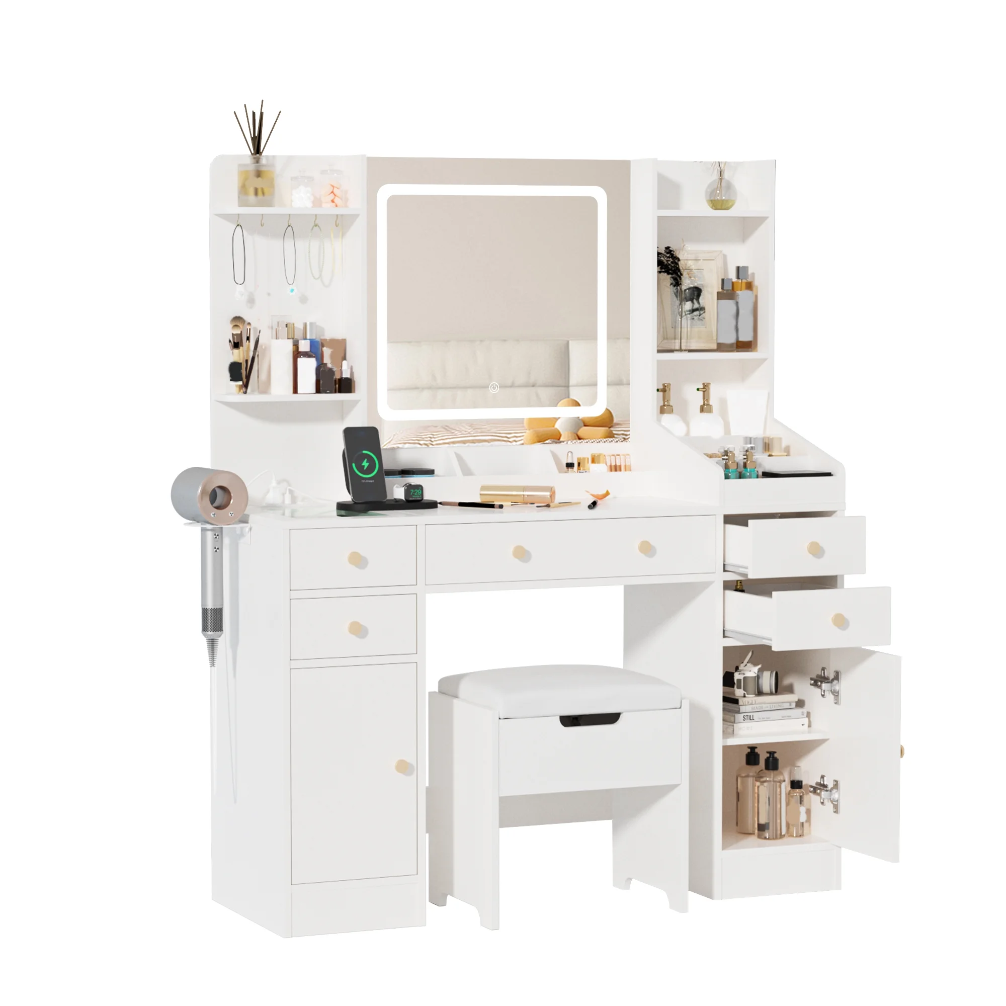 Vanity Set with Mirror and Lights, Makeup Table with Charging Station,5 Drawers Storage Shelves, White(white) - Image 8