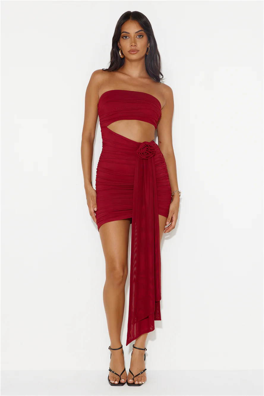 One Week Vacay Strapless Mesh Mini Dress Maroon