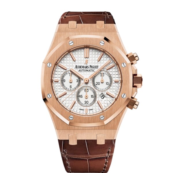 [Super Clone]Audemars Piguet Royal Oak Chronograph 41mm Rose Gold White Dial Leather Strap Watch