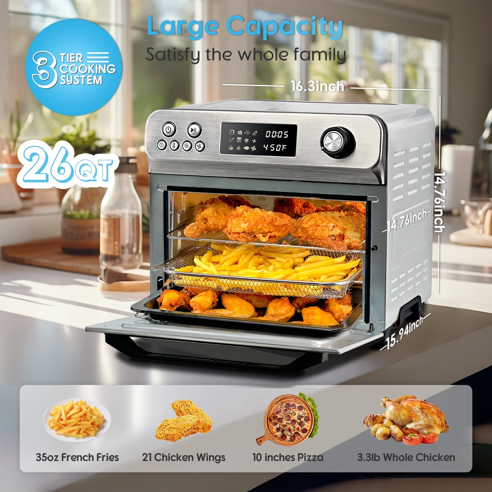 Hysapientia 26QT Air Fryer Oven with Rotisserie 1800W Toaster Oven Air Fryer Combo, 10 in 1 Convection Oven Countertop, Airfryer Toaster Oven, Mini Toaster Oven, Stainless Steel Outer