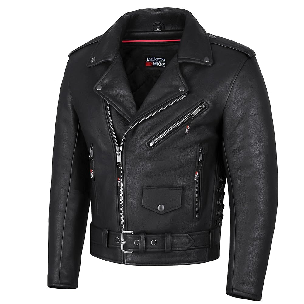 ICONIC Men's Motorcycle Jacket Premium Buffalo Leather Side Laces Black XL