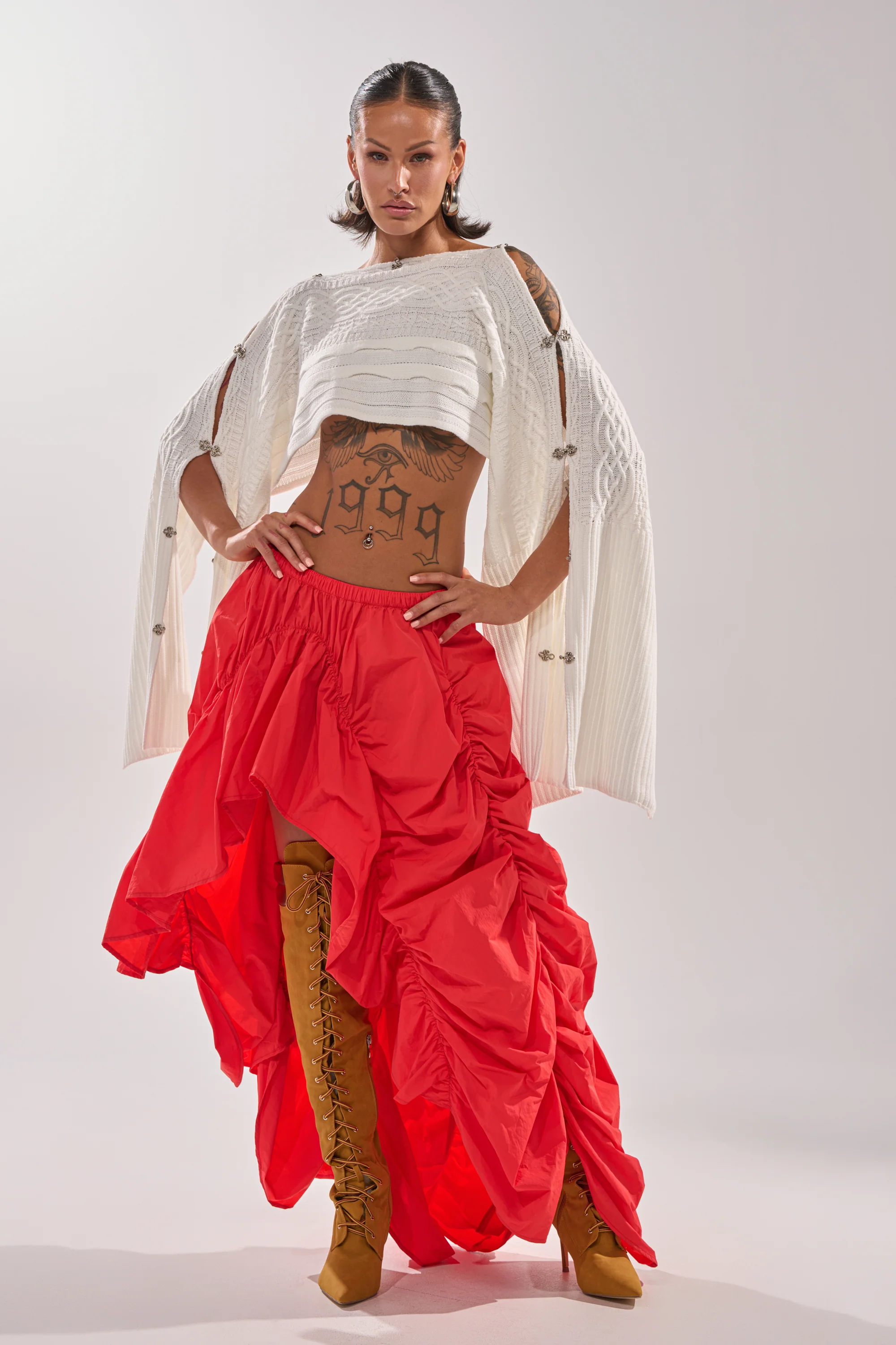 LETS CHANGE IT UP RUCHED MIDI SKIRT IN RED - Akira Store