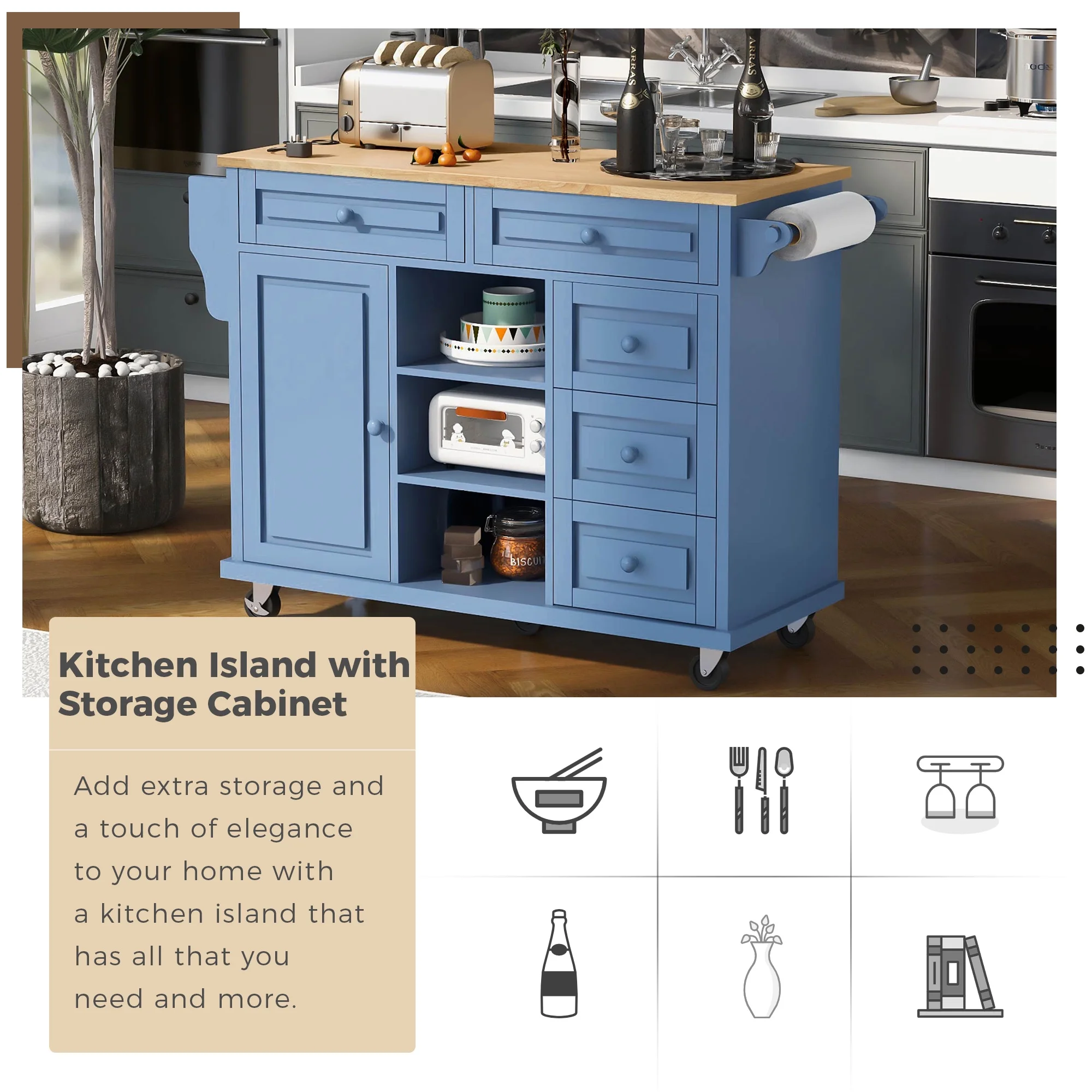 Kitchen cart with Rubber wood desktop rolling mobile kitchen island with storage and 5 draws 53 Inch length (Blue) - Image 6