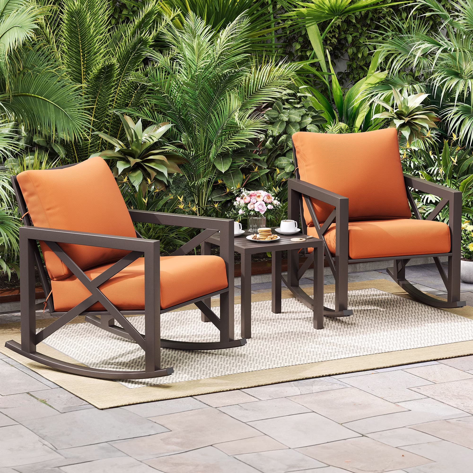 Rocking Chair Bistro Set,3 Piece Outdoor Patio Furniture Set with 2 Rockers and 1 Metal Coffee Table with Thick Cushions for Porch,Backyard,Poolside,Beige(Beige) - Image 3