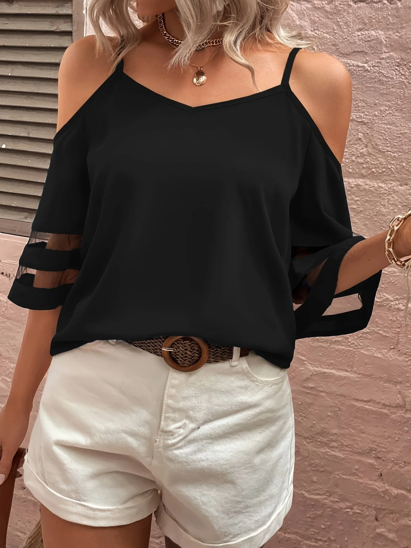 Blouse à épaules dénudées avec insert en tulle pour femmes