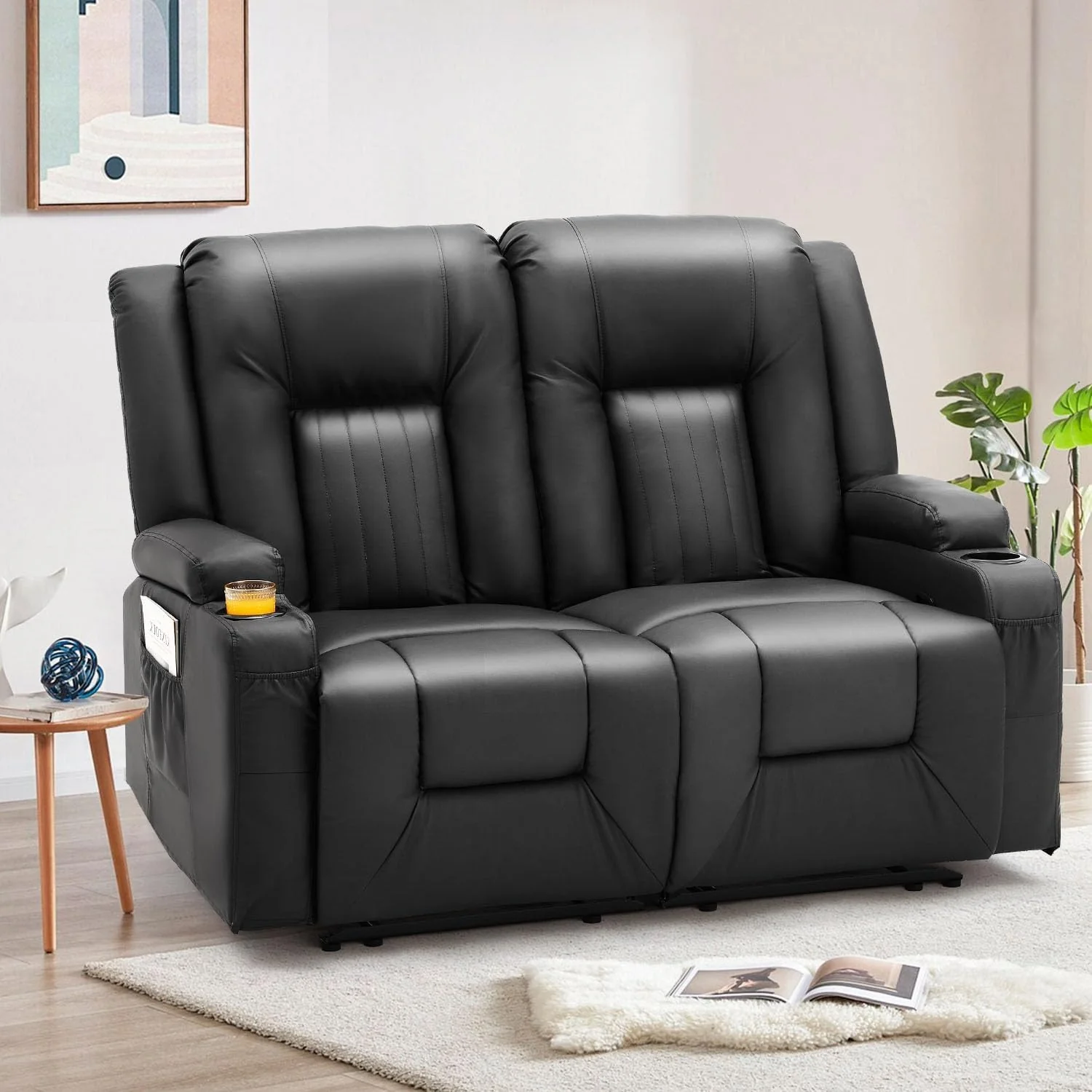 AECOJOY Loveseat Recliner with Cup Holders&Side Pockets, Black, 2