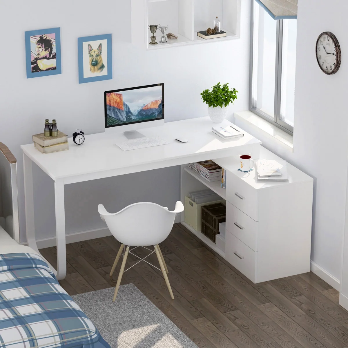 55" White L Shaped Desk with Storage Shelf Corner Office Writing Desk Study Workstation Table(White) - Image 6