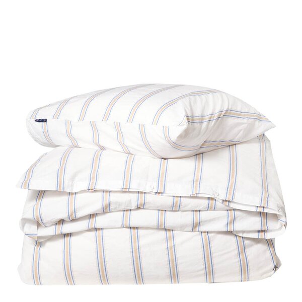 Sengesett 200x140 cm bomullspercale stripete hvit/blå/beige