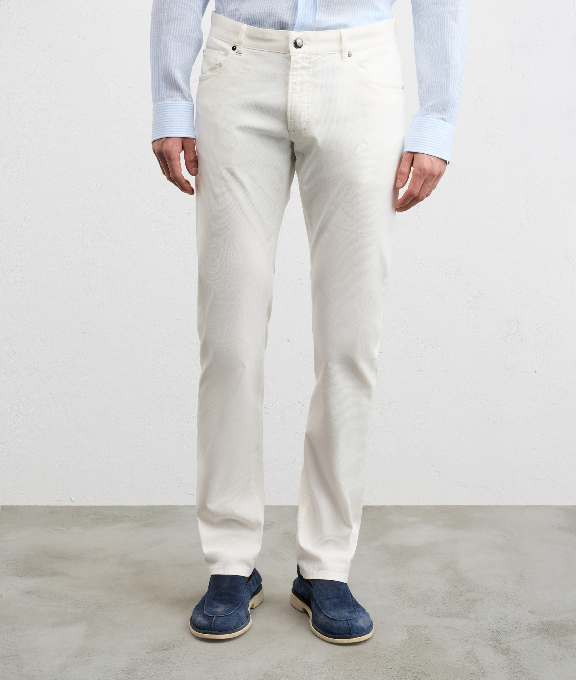 WHITE GARMENT DYED COTTON AND ELASTANE FIVE POCKET TROUSERS WITH MICROSTRUCTURE