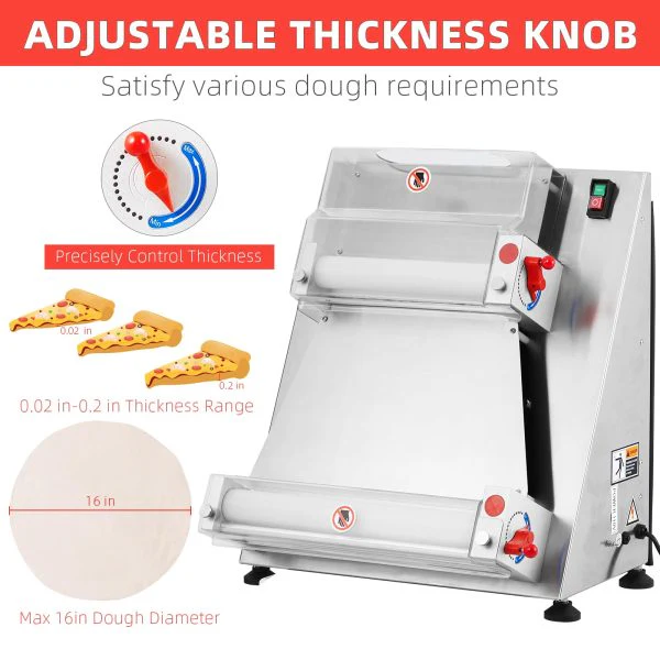 Laminoir à pâte à pizza professionnel, capacité max. 16 pouces, automatique, électrique, 370 W, en acier inoxydable, convient pour la fabrication de nouilles, pizzas, pains et pâtes.