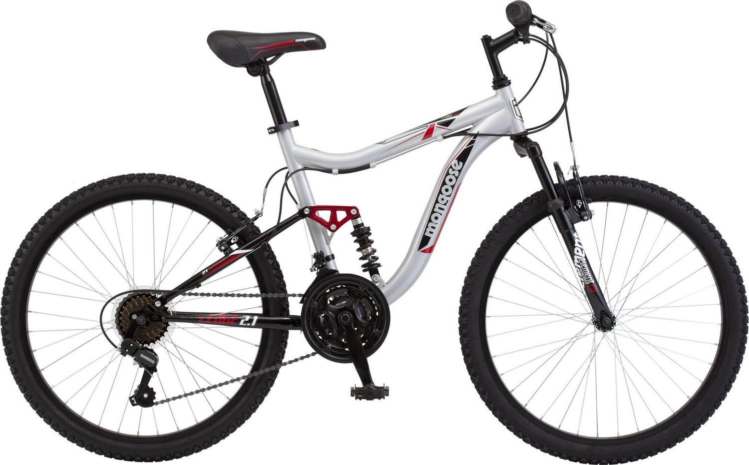 Mongoose Ledge 2.1 Mountain Bike. 24 - Inch Wheels. 21 Speeds. Boys Frame. Silver/Red