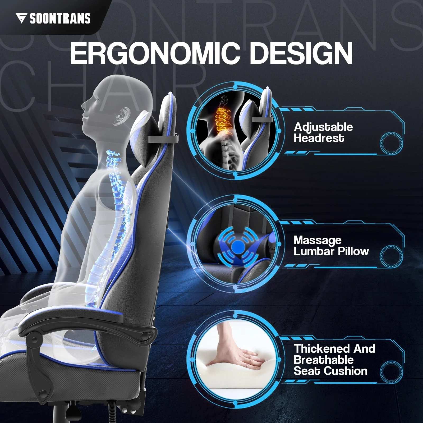Gaming Chair with Massage, High Back Computer Gamer Chair for Adults and s, Ergonomic Game Chair with Adjustable Headrest and Lumbar Support (Blue)(��Z��Blue) - Image 6