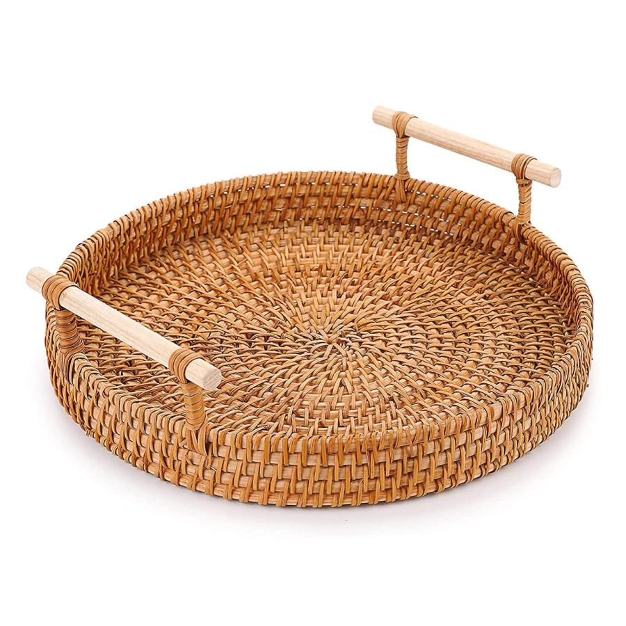 Rattan Tray 8.7-Inch Round Serving Tray Decorative Trays For Coffee Table Decorative Tray Woven Tray For Bread, Wicker Tray Coffee Table Basket