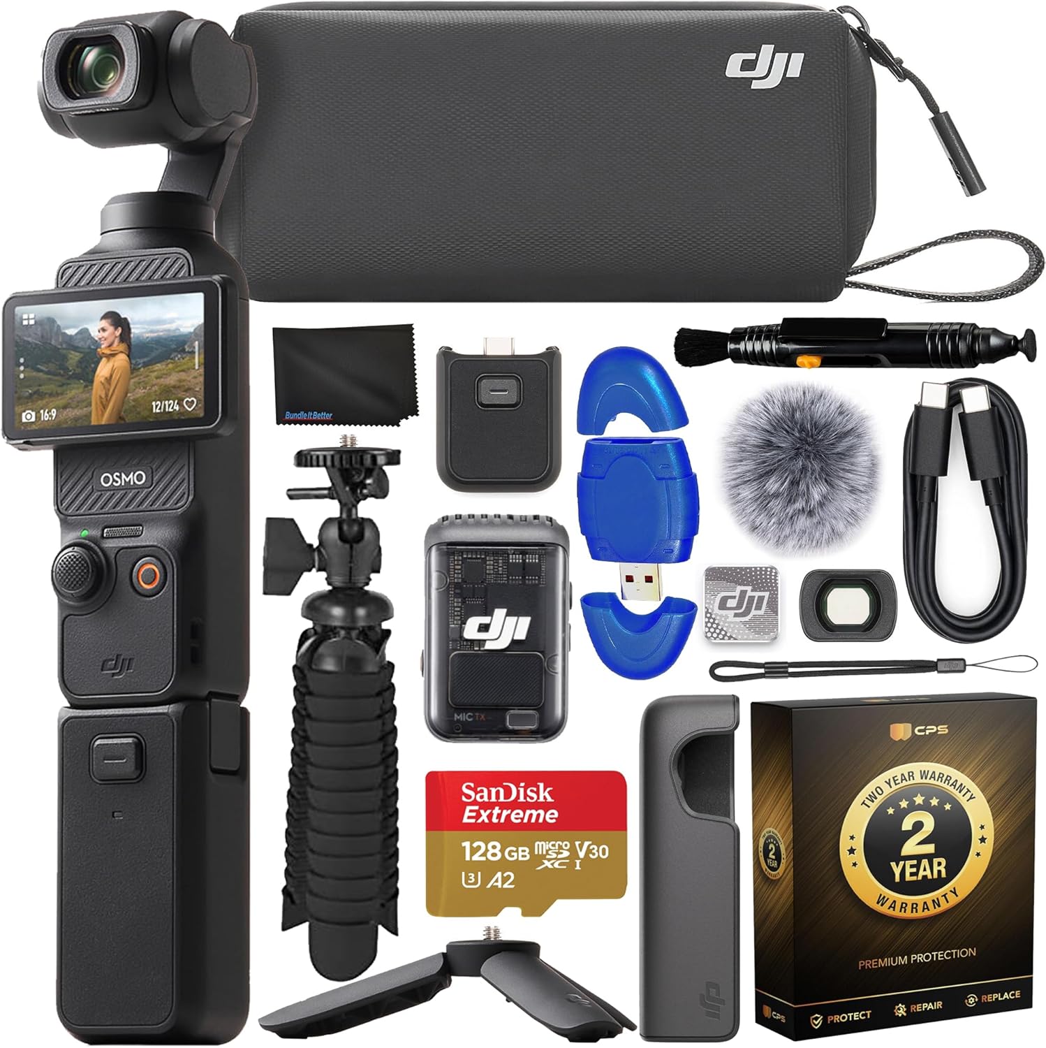 DJI Osmo Pocket 3 Creator Combo Gimbal Stabilizer with 1′′ CMOS & 4K/120fps Video  3-Axis Stabilization Bundle with 128GB Memory Card  Gripster Flexible Spider Tripod  2 YR CPS Warranty + More
