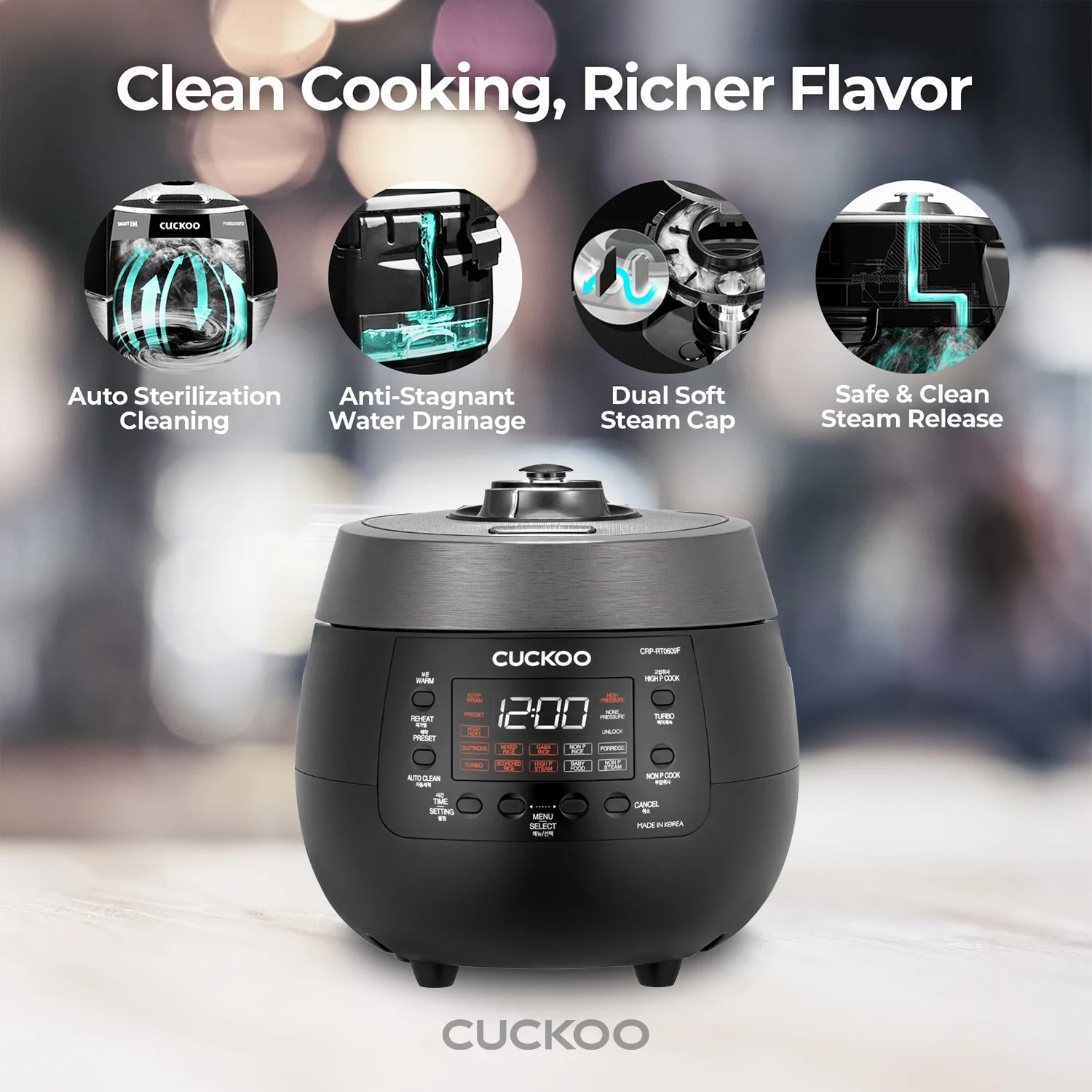 CUCKOO CRP - RT0609FB 6 - Cup (Uncooked) / 12 - Cup (Cooked) Twin Pressure Rice Cooker & Warmer with Nonstick Inner Pot, 14 Menu Options, Safe Steam Release, 3 Voice Guide, Auto Clean (Black)