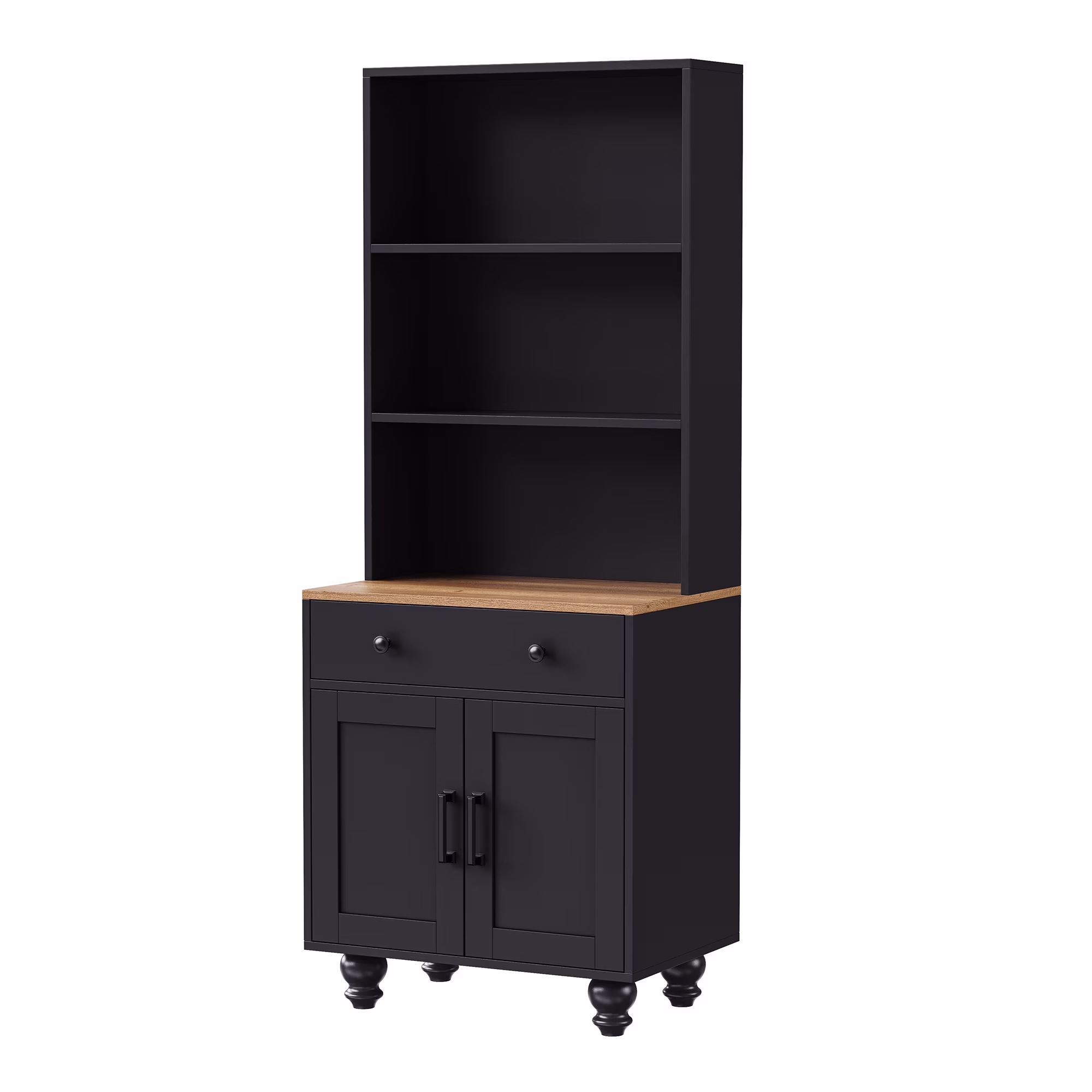 Kitchen Pantry Storage Cabinet, Farmhouse Kitchen Hutch Cabinet with Adjustable Shelves and Drawers, Gourd-shaped Legs, 5 Tier Floor Book Shelf for Study Room(Black + Dark Walnut)