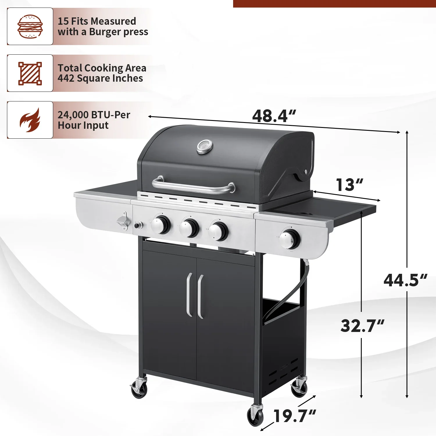 3 Burner BBQ Propane Gas Grill��24,000/36,000 BTU Stainless Steel with Stove and Side Table