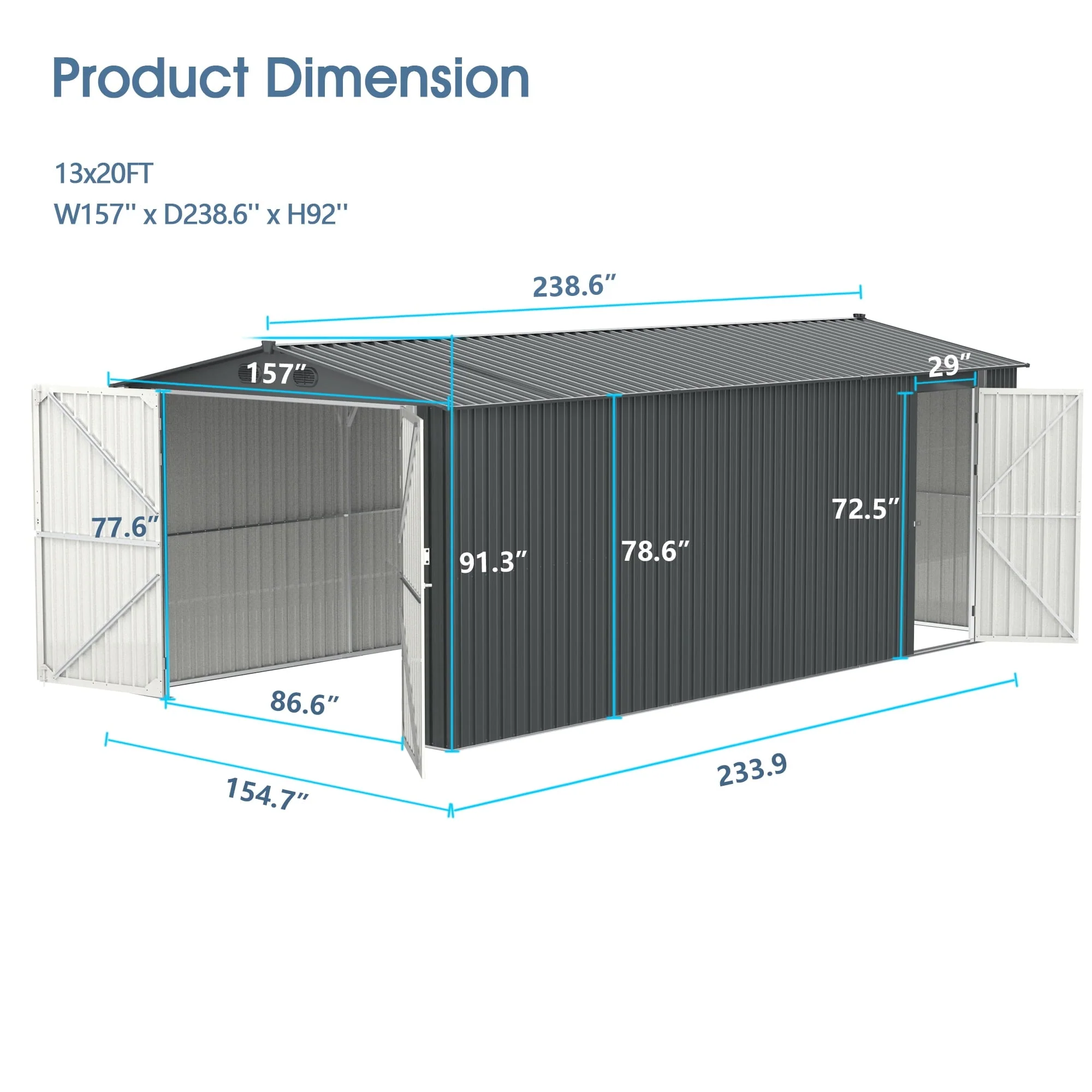 13 Ft. X 20 Ft. Dark Grey Metal Garden Storage Shed Building Car Garage(6' x 8' FT) - Image 6