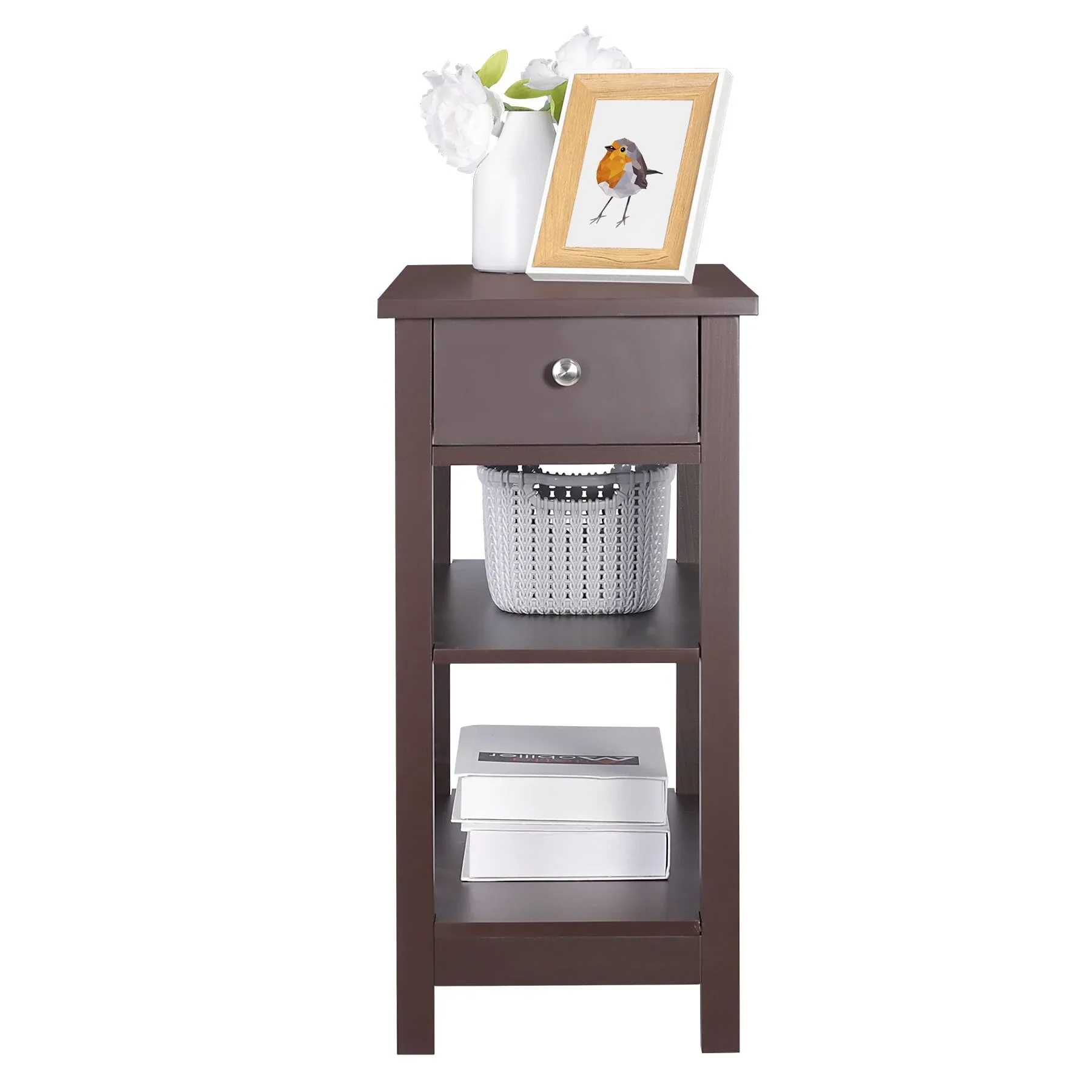 HomGarden 3 Tier Small End Table Modern Narrow Rectangle Sofa Side Table W/Drawer, Espresso