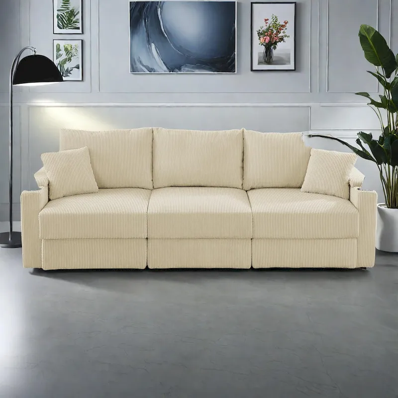 102 Corduroy Contemporary 3-Seater Sofa with Deep Seating, Cup Holders, and Phone Holder