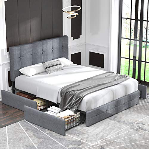 Cadre de lit plateforme Allewie Queen Size capitonné avec 4 tiroirs de rangement et tête de lit