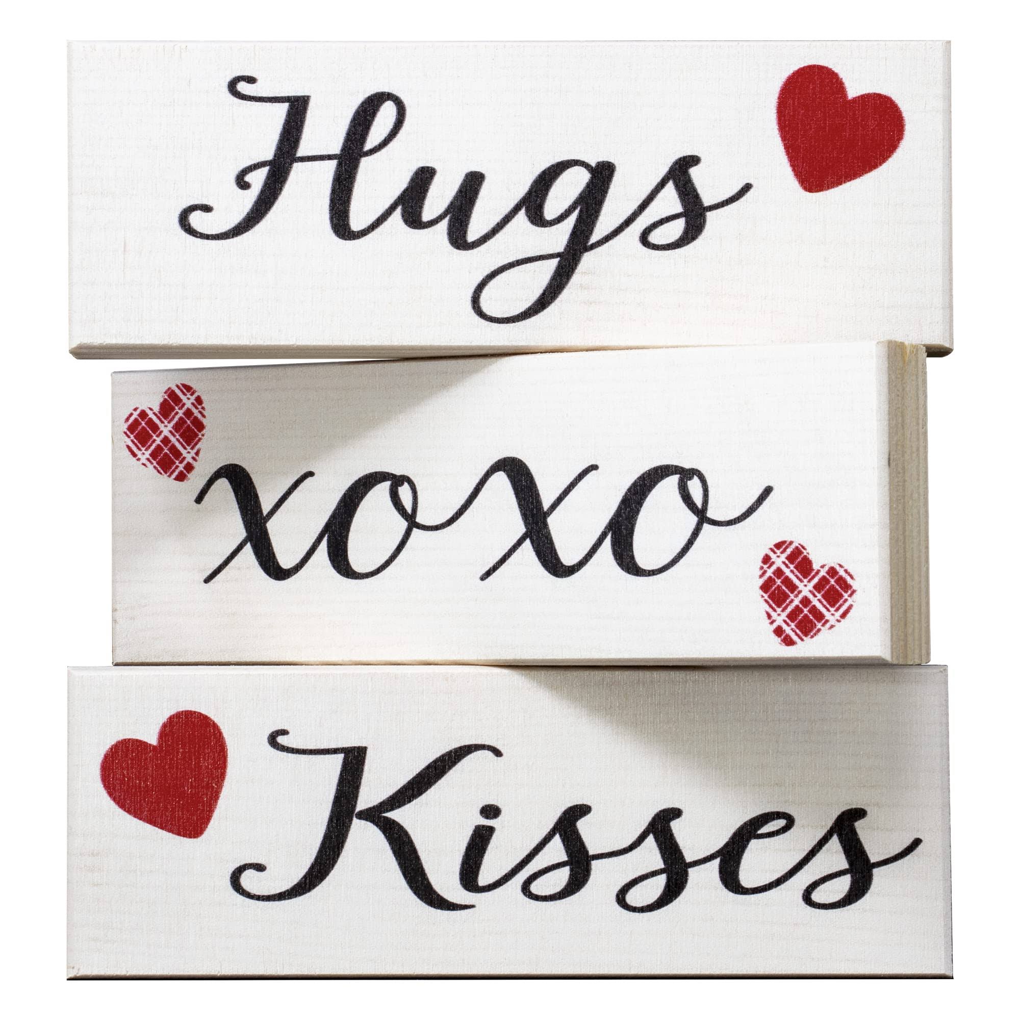 JennyGems Happy Valentines Day Decorations, Hugs and Kisses Valentines Sign, 3 Pieces Wooden Block Set, Valentine's Day Decor, Valentine's Day Tiered