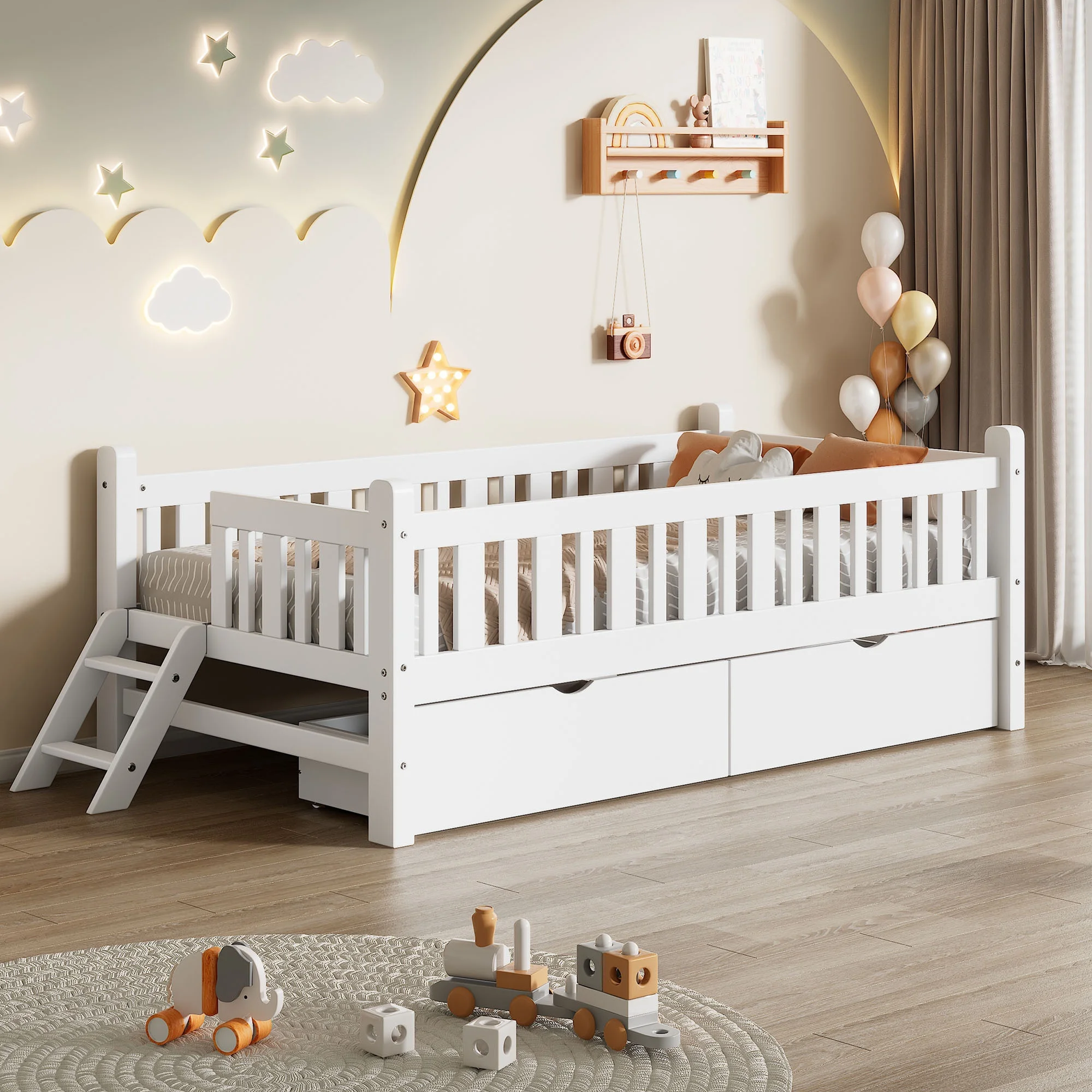 Wood Twin Size Platform Bed with 2 Drawers and Ladder for Kids and Toddlers, White(White) - Image 4