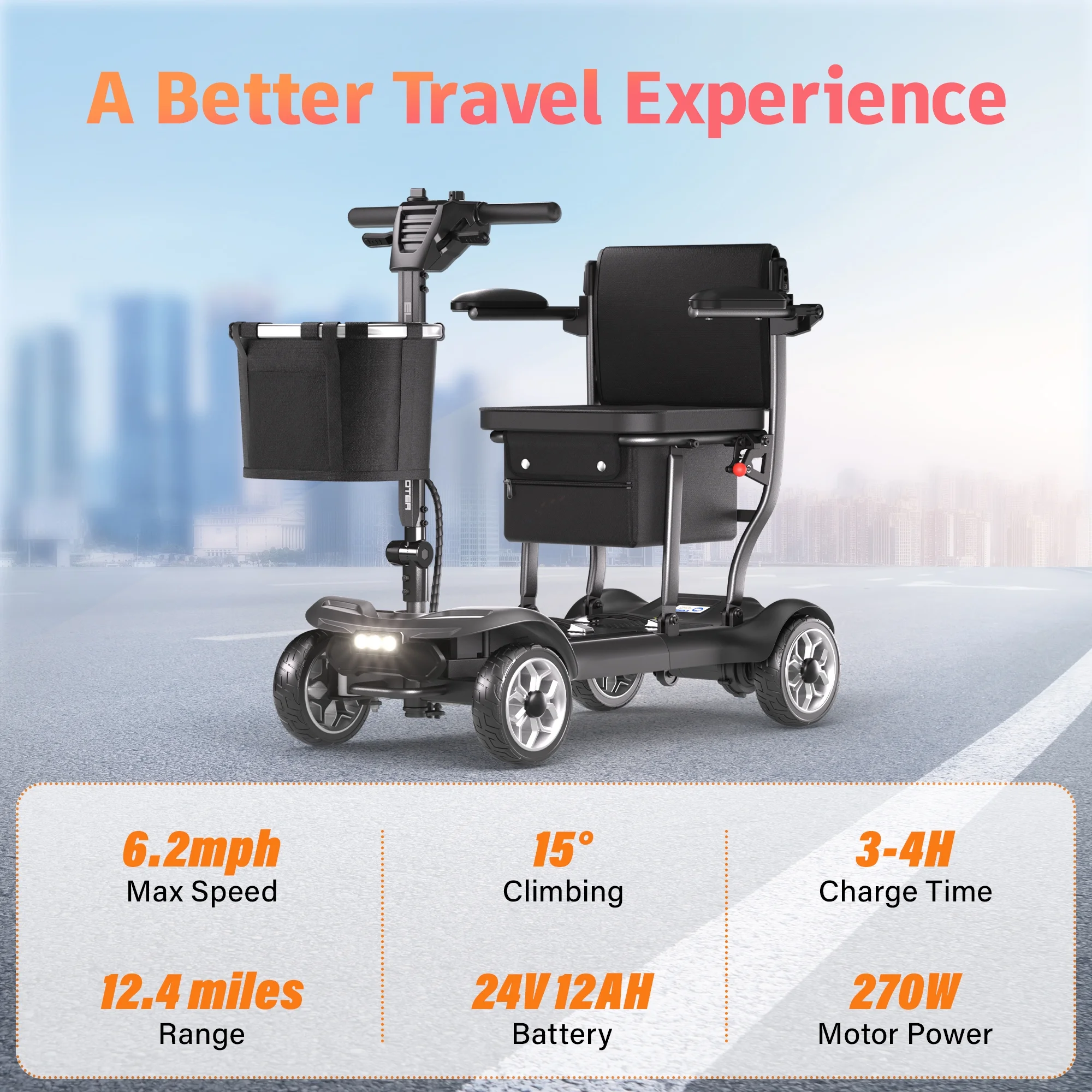 Light Weight 4 Wheels Mobility Scooter for Seniors, Electric Folding Wheelchair Device for Travel, Black(Black with 1 Battery) - Image 2