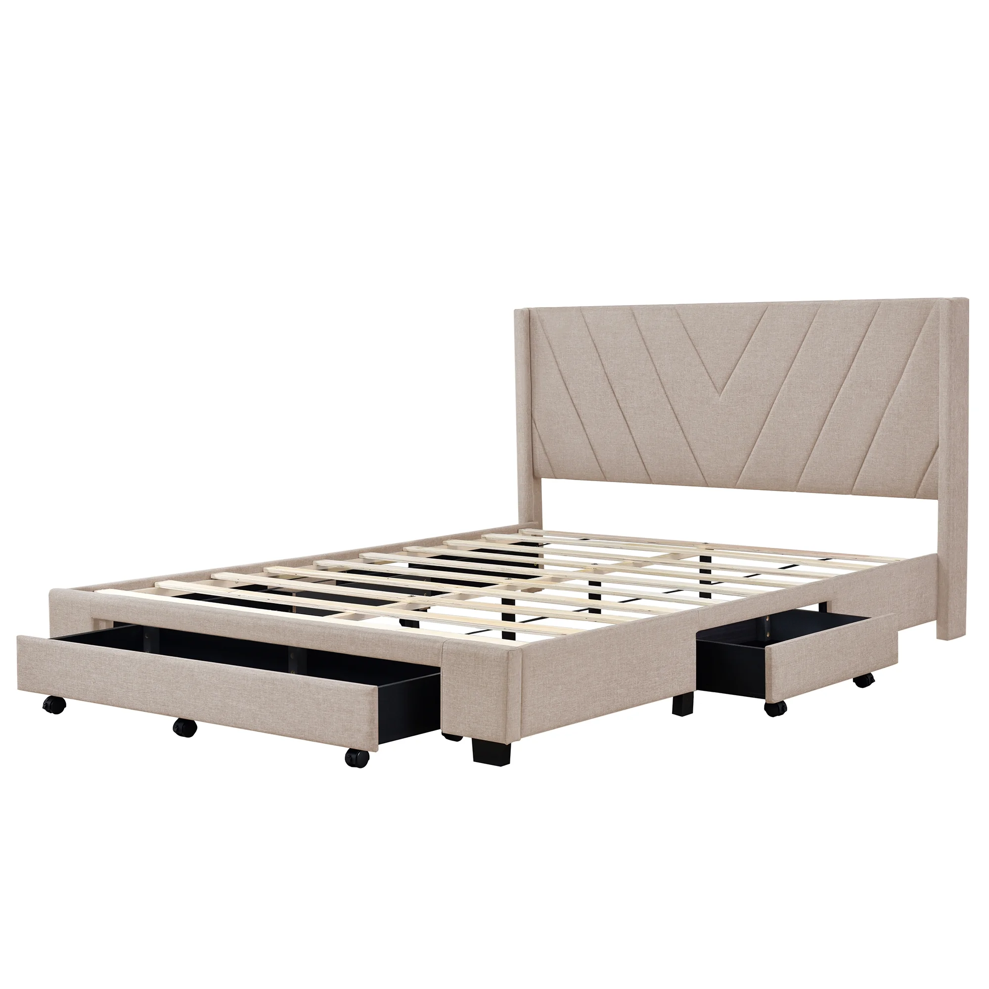 Queen Bed Frame with Storage, New Upgraded Linen Upholstered Platform Bed with 3 Drawers, Queen Size Storage Bed with Headboard and Wooden Slats, No Box Spring Needed, Holds 500lbs, Beige(White) - Image 4